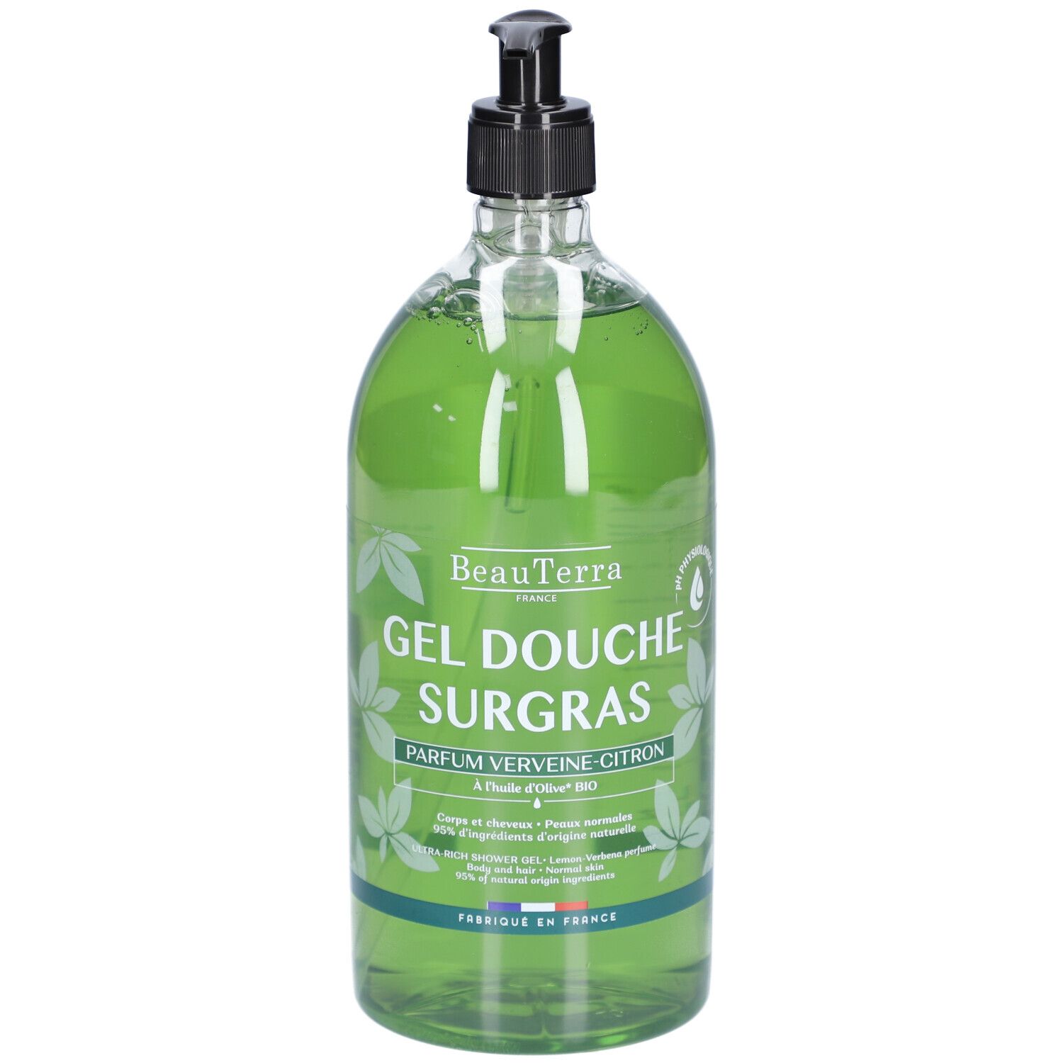 Transparente Flasche mit grünem Duschgel. Schwarzer Pumpkopf. Aufschrift: Gel Douche Surgras Parfum Verveine Citron. Französische Flagge.