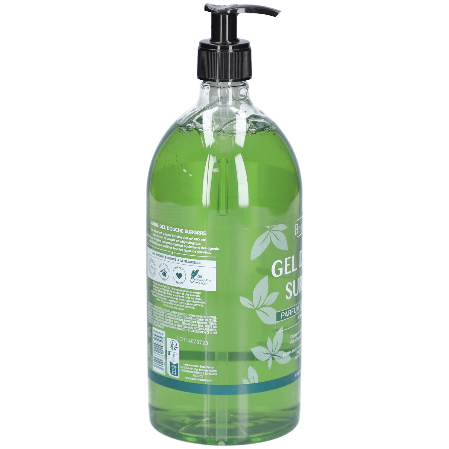 Transparente Flasche mit grünem Duschgel. Schwarzer Pumpkopf. Rückseite mit Text und Logos. Grüne und blaue Streifen.