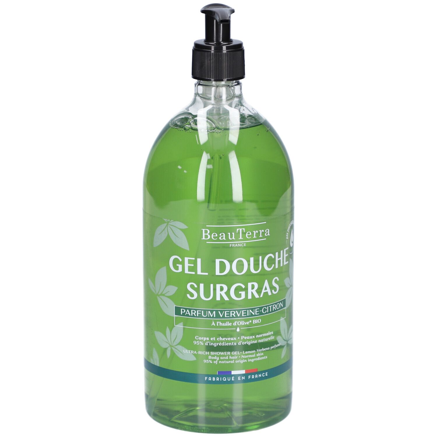 Transparente Flasche mit grünem Duschgel. Schwarzer Pumpkopf. Aufschrift: Gel Douche Surgras Parfum Verveine Citron. Französische Flagge.