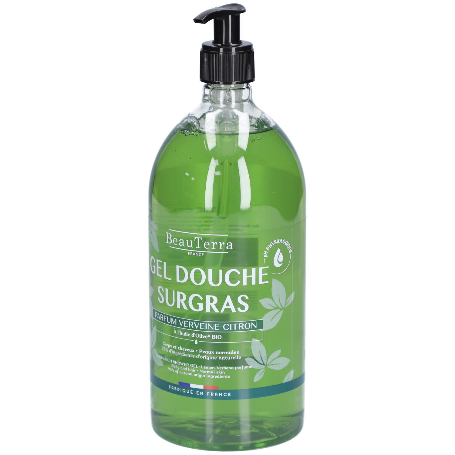 Transparente Flasche mit grünem Duschgel. Schwarzer Pumpkopf. Aufschrift: Gel Douche Surgras Parfum Verveine Citron. Französische Flagge.