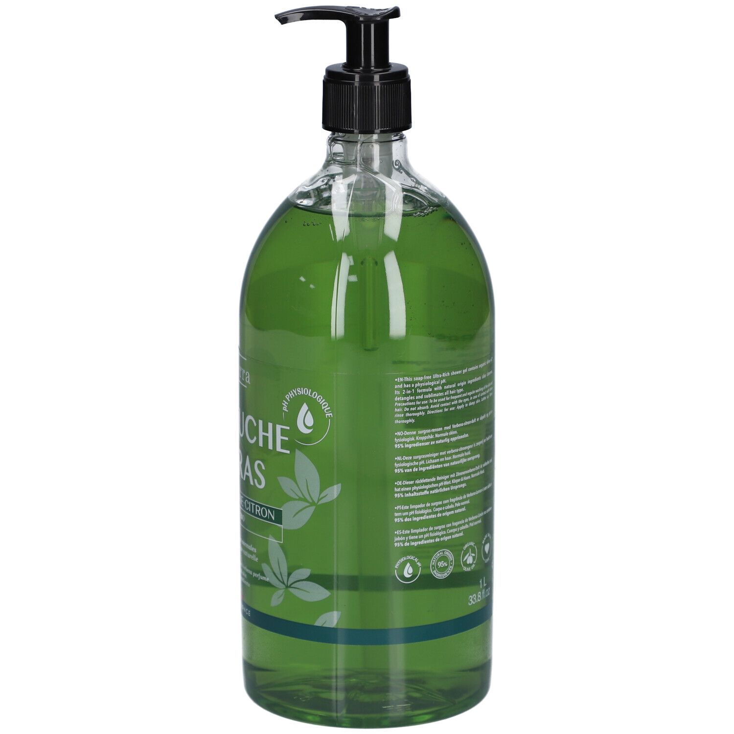 Transparente Flasche mit grünem Duschgel. Schwarzer Pumpkopf. Rückseite mit Text und Logos. Volumenangabe: 1L.