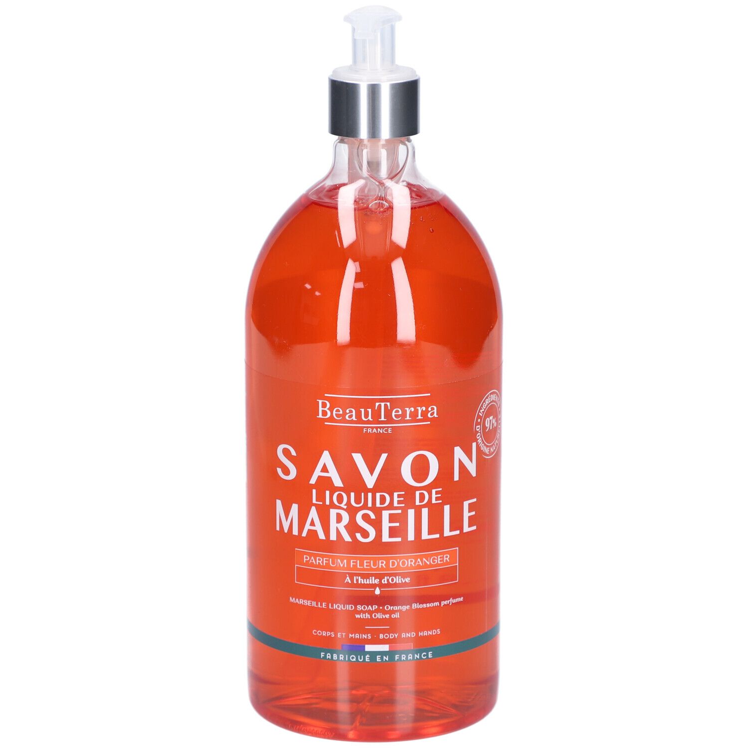Flacon transparent de savon liquide orange. Inscription: Savon Liquide de Marseille, fleur d'oranger. Avec distributeur.