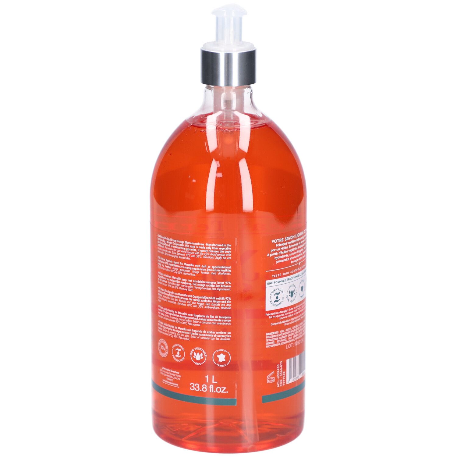 Dos du flacon de savon liquide orange. Texte et logos. Avec distributeur. Volume: 1 L.