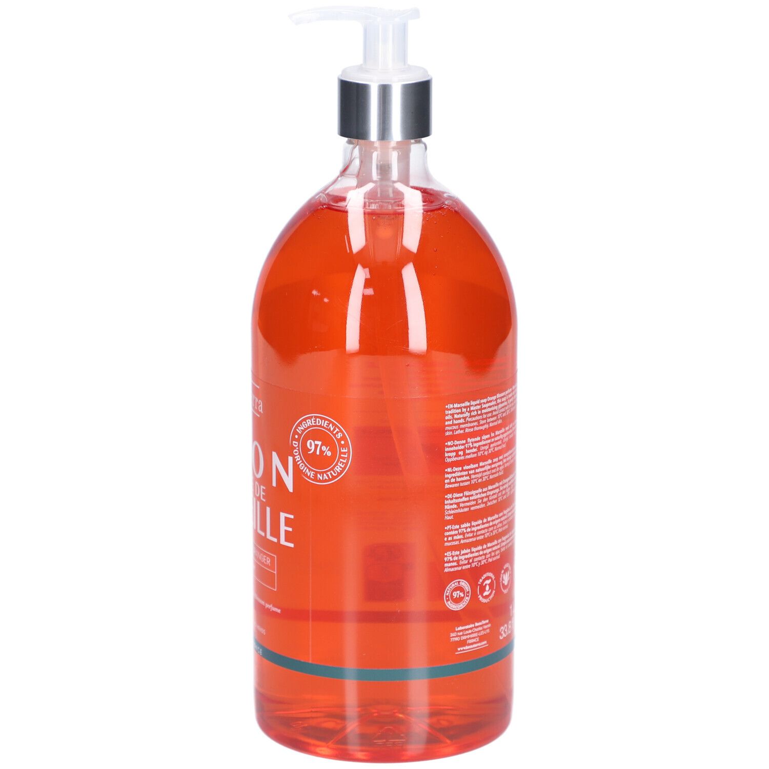 Dos du flacon de savon liquide orange. Texte et logos. Avec distributeur. 97%. Étiquette avec informations.