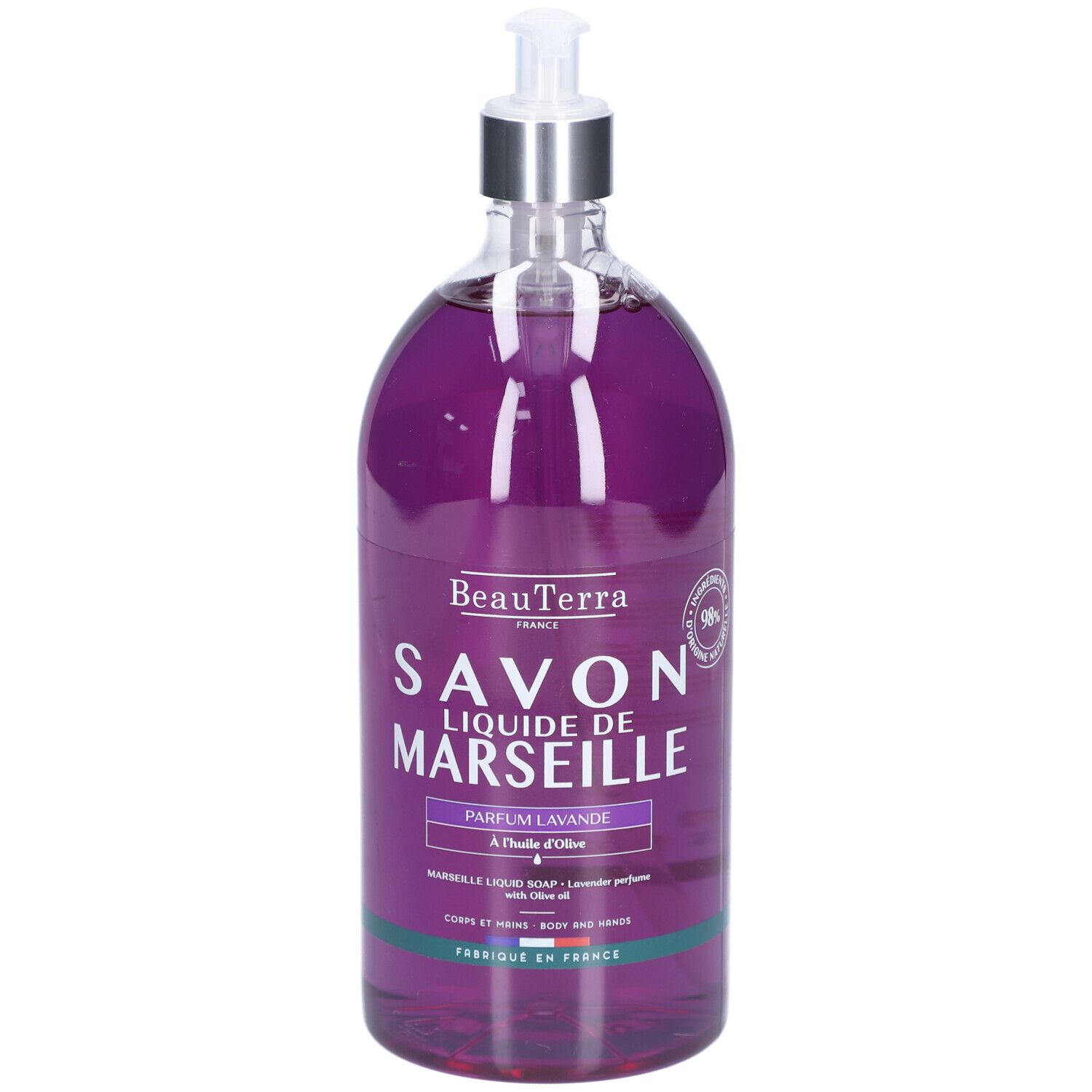 Savon liquide BeauTerra en flacon transparent avec pompe. Inscription: Savon Liquide de Marseille Parfum Lavande.