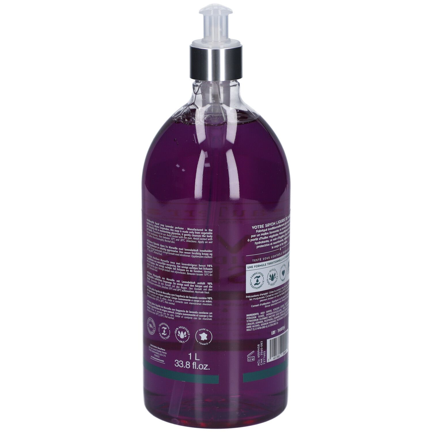 Vue arrière du flacon de savon liquide. Inscription: 1 L, 33.8 fl.oz. Logos et texte. Ingrédients et certifications.