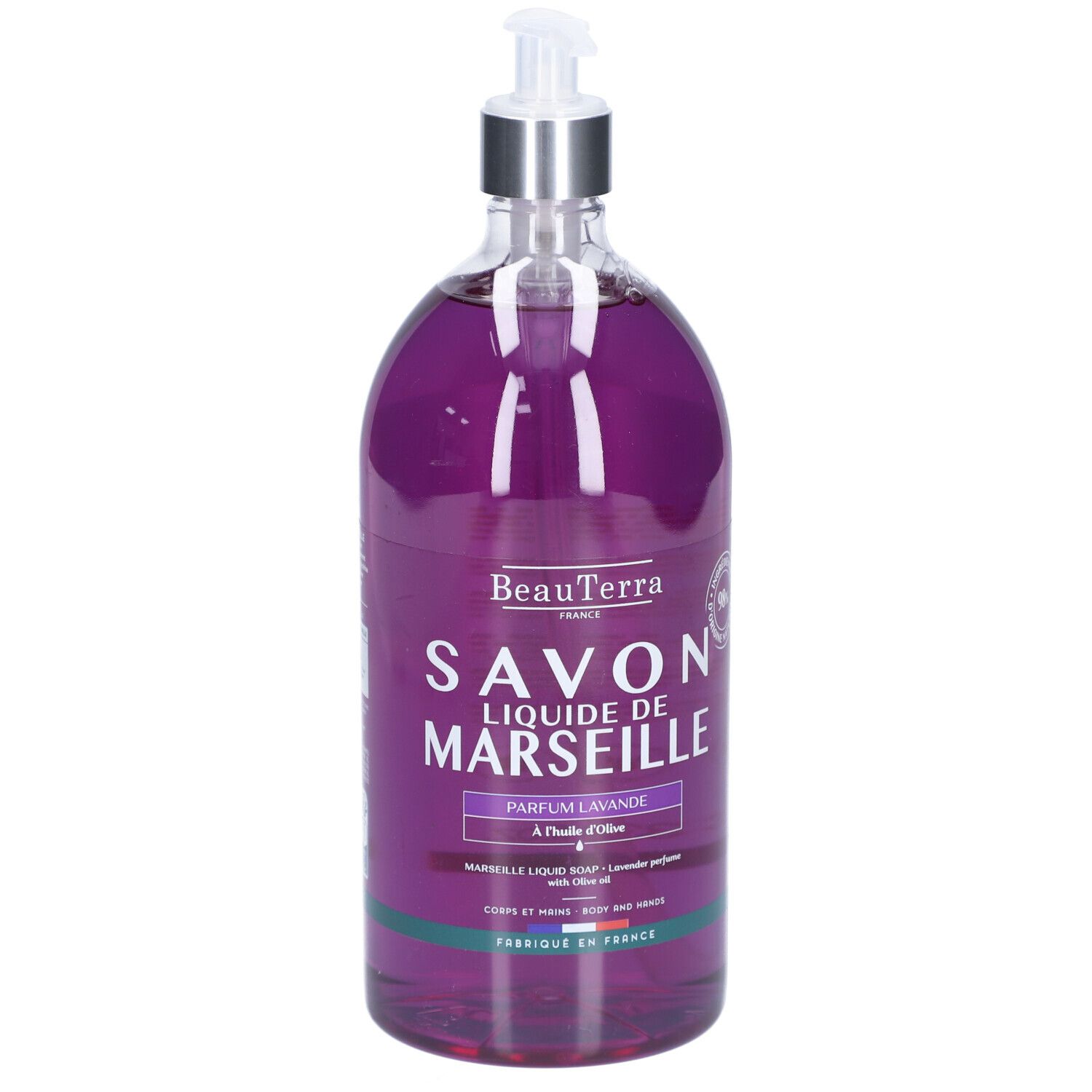 Savon liquide BeauTerra en flacon transparent avec pompe. Inscription: Savon Liquide de Marseille Parfum Lavande.