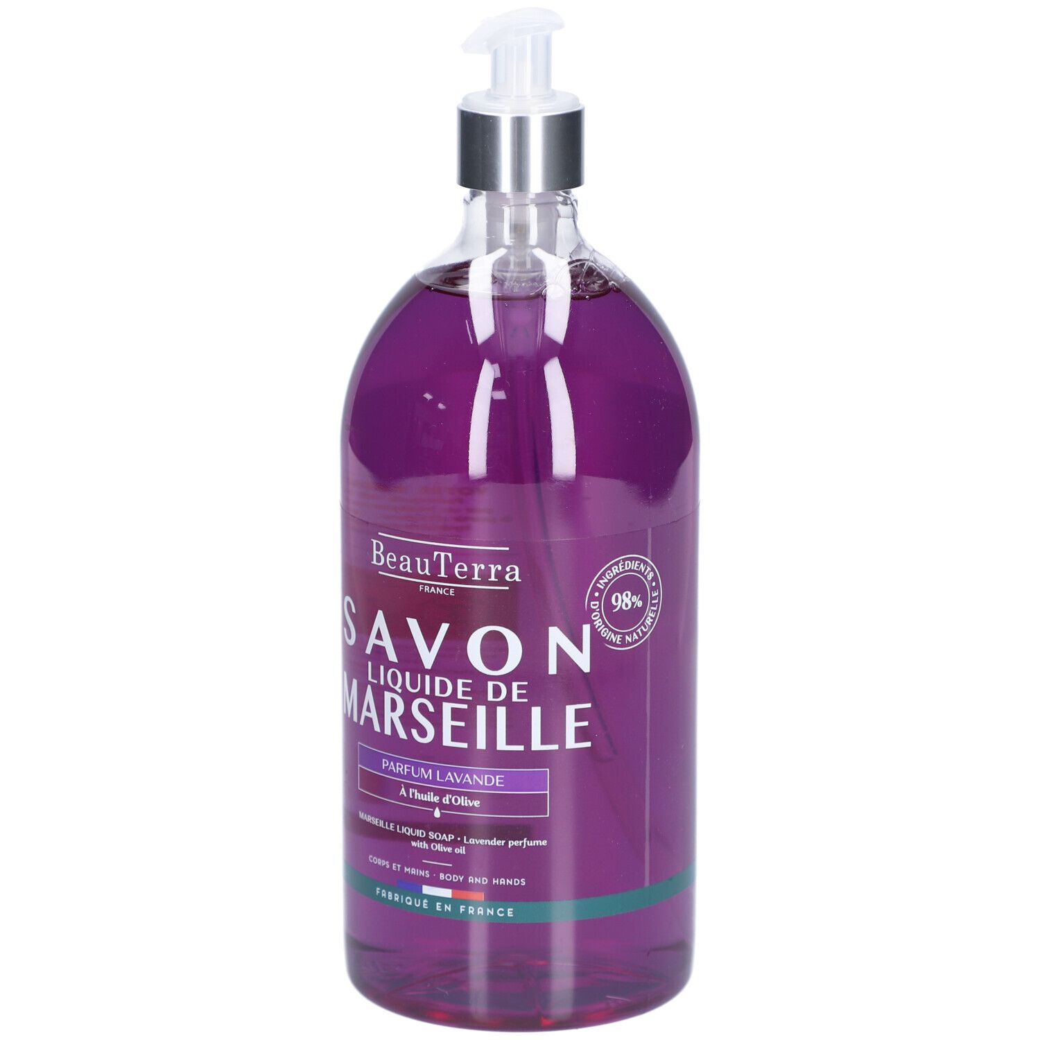 Savon liquide BeauTerra en flacon transparent avec pompe. Inscription: Savon Liquide de Marseille Parfum Lavande. 98% ingrédients naturels.