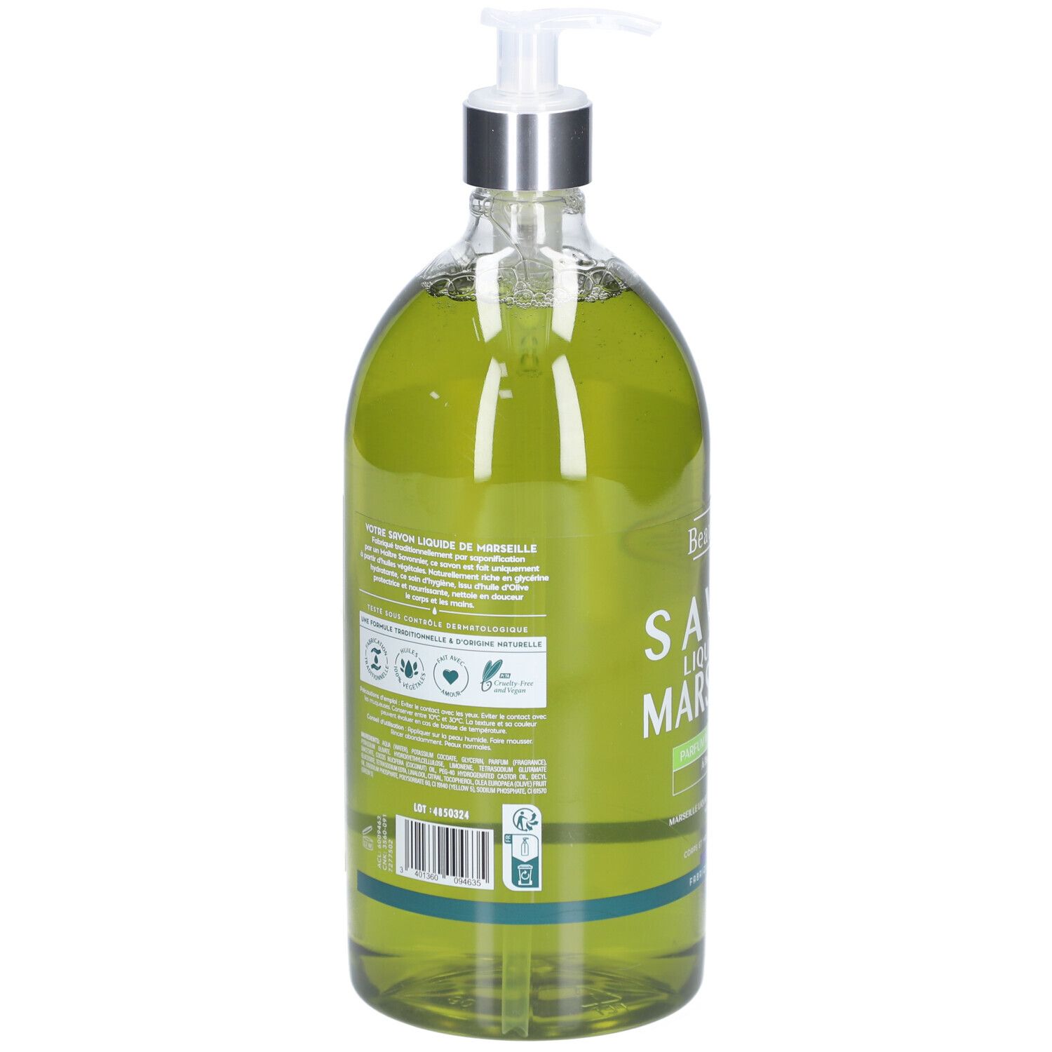 Rückseite der grünen Flüssigseifenflasche mit Text und Barcode. Enthält Informationen über Inhaltsstoffe und Zertifizierungen.