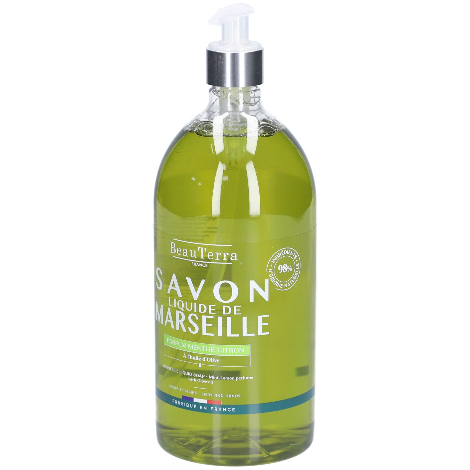 Grüne Flüssigseife in einer transparenten Flasche mit Spender. Aufschrift: Savon Liquide de Marseille. Minze Zitrone. 98% natürliche Inhaltsstoffe.