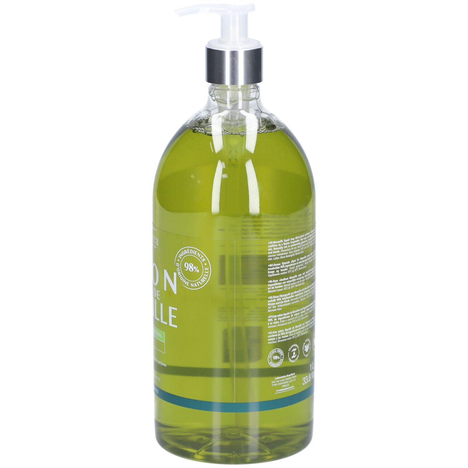 Rückansicht der grünen Flüssigseifenflasche. Aufschrift: Savon Liquide de Marseille. 98% natürliche Inhaltsstoffe. Zertifizierungen.