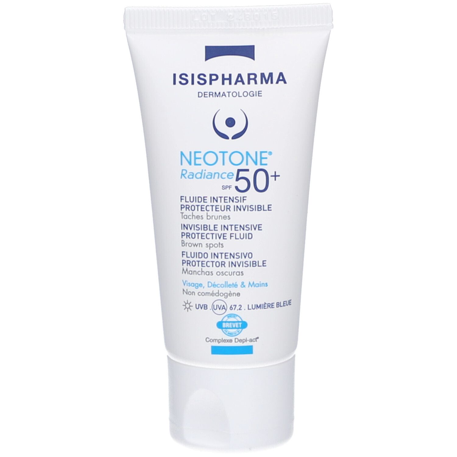 Tube blanc ISIS PHARMA NEOTONE Radiance SPF 50+. Texte bleu. Pour visage, cou et mains. Protection solaire.