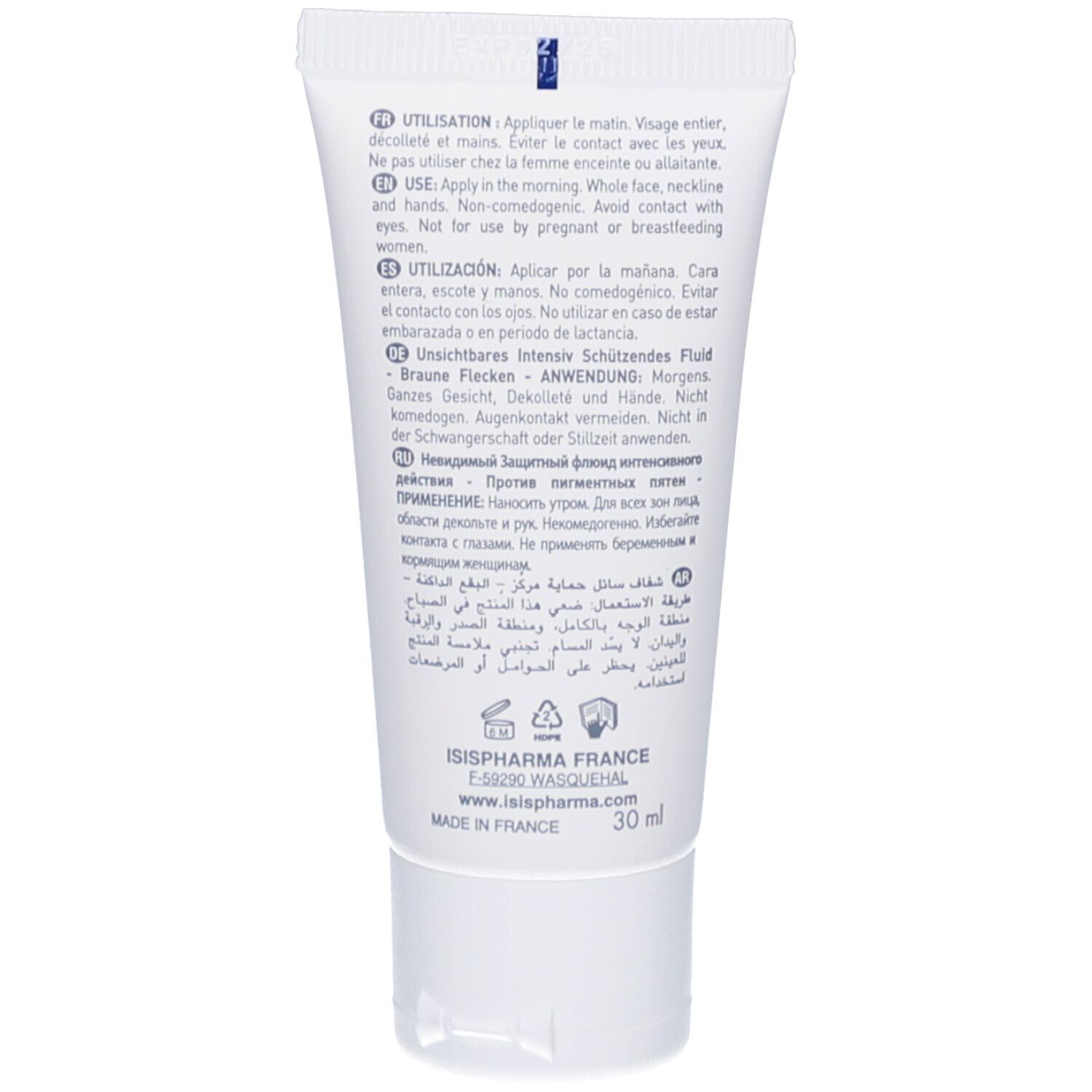 Dos du tube blanc ISIS PHARMA NEOTONE Radiance. Texte multilingue. 30 ml.