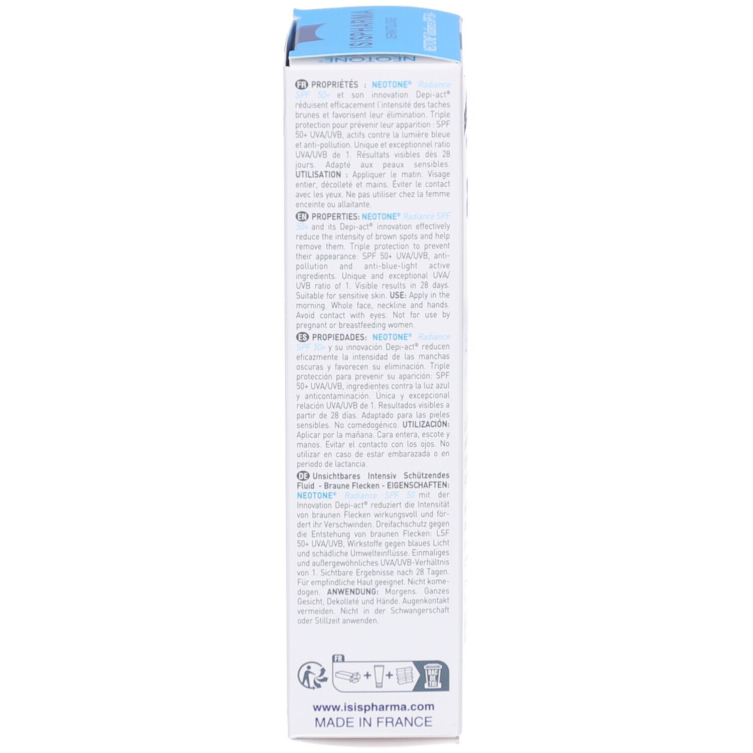 Côté de la boîte ISIS PHARMA NEOTONE Radiance SPF 50+. Texte multilingue. Informations produit.
