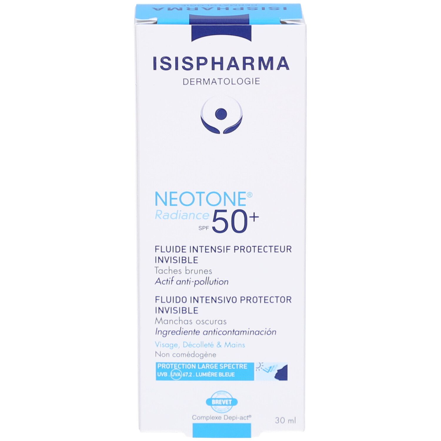 Boîte blanche ISIS PHARMA NEOTONE Radiance SPF 50+. Texte bleu. Pour visage, cou et mains. 30 ml.