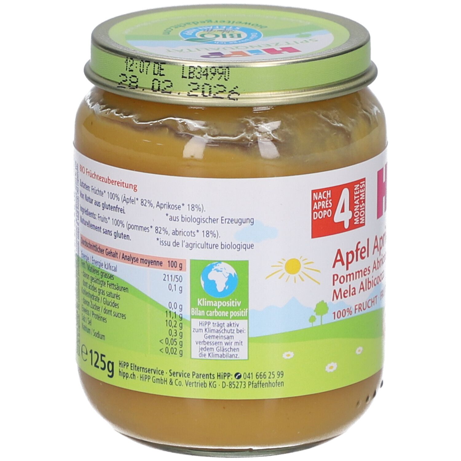 Rückseite des Glases mit HiPP Bio-Apfel-Aprikosen-Püree. Enthält Nährwertangaben, Zutatenliste und Bio-Siegel. 125g.