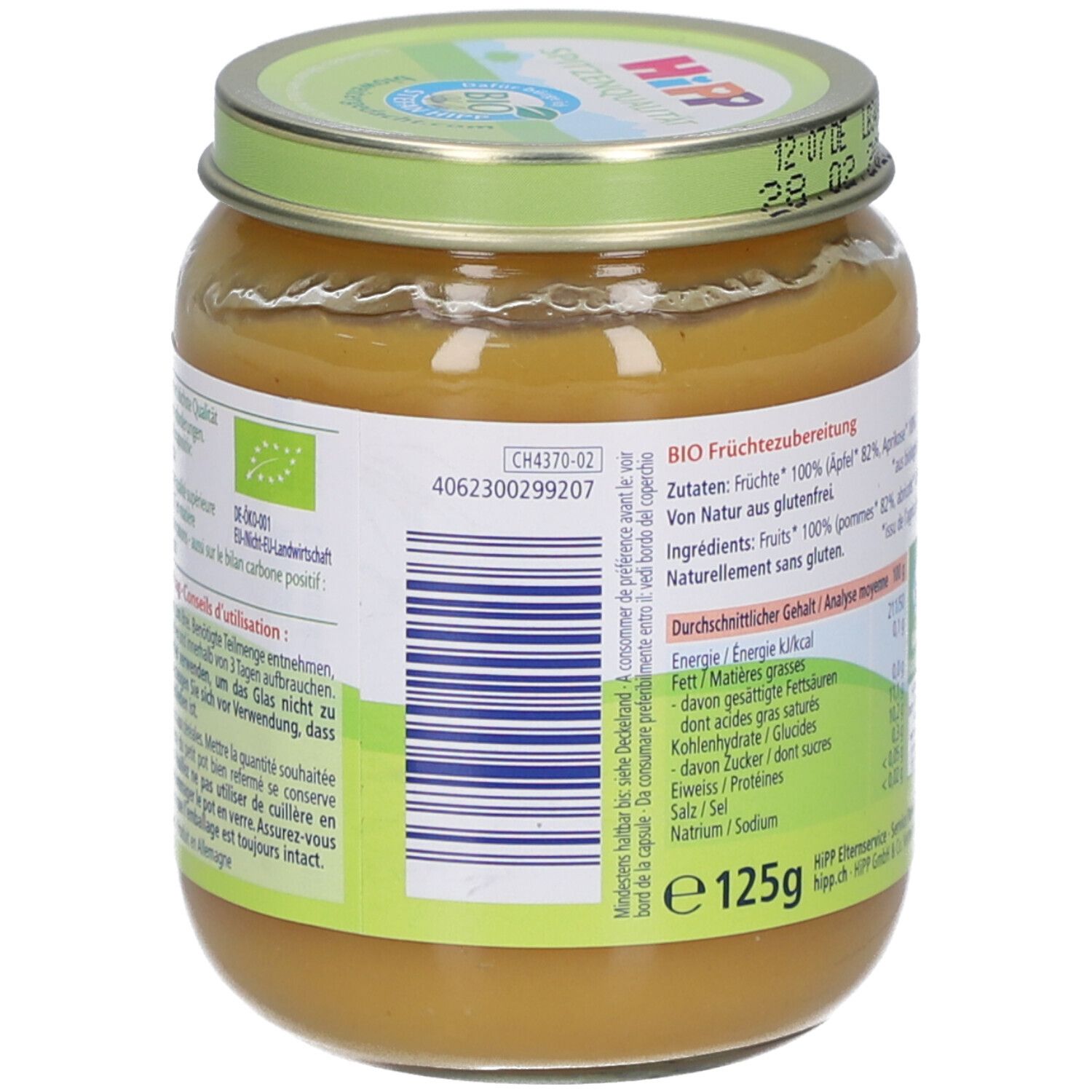 Rückseite des Glases mit HiPP Bio-Apfel-Aprikosen-Püree. Barcode, Zutatenliste und Bio-Siegel. 125g.
