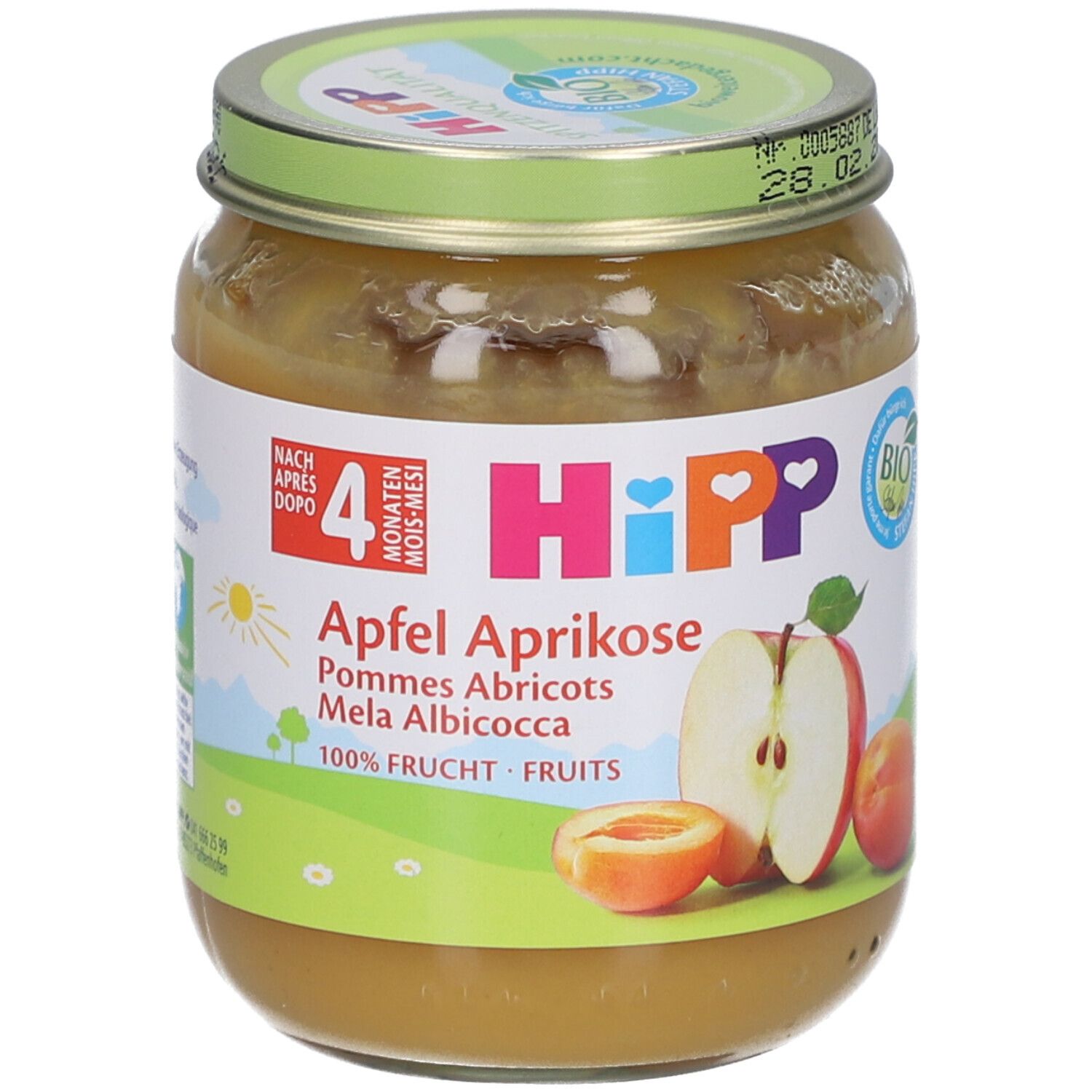 Glas mit HiPP Bio-Apfel-Aprikosen-Püree. Etikett mit Produktnamen, Früchte-Illustrationen und Bio-Siegel. Deckel mit Haltbarkeitsdatum.