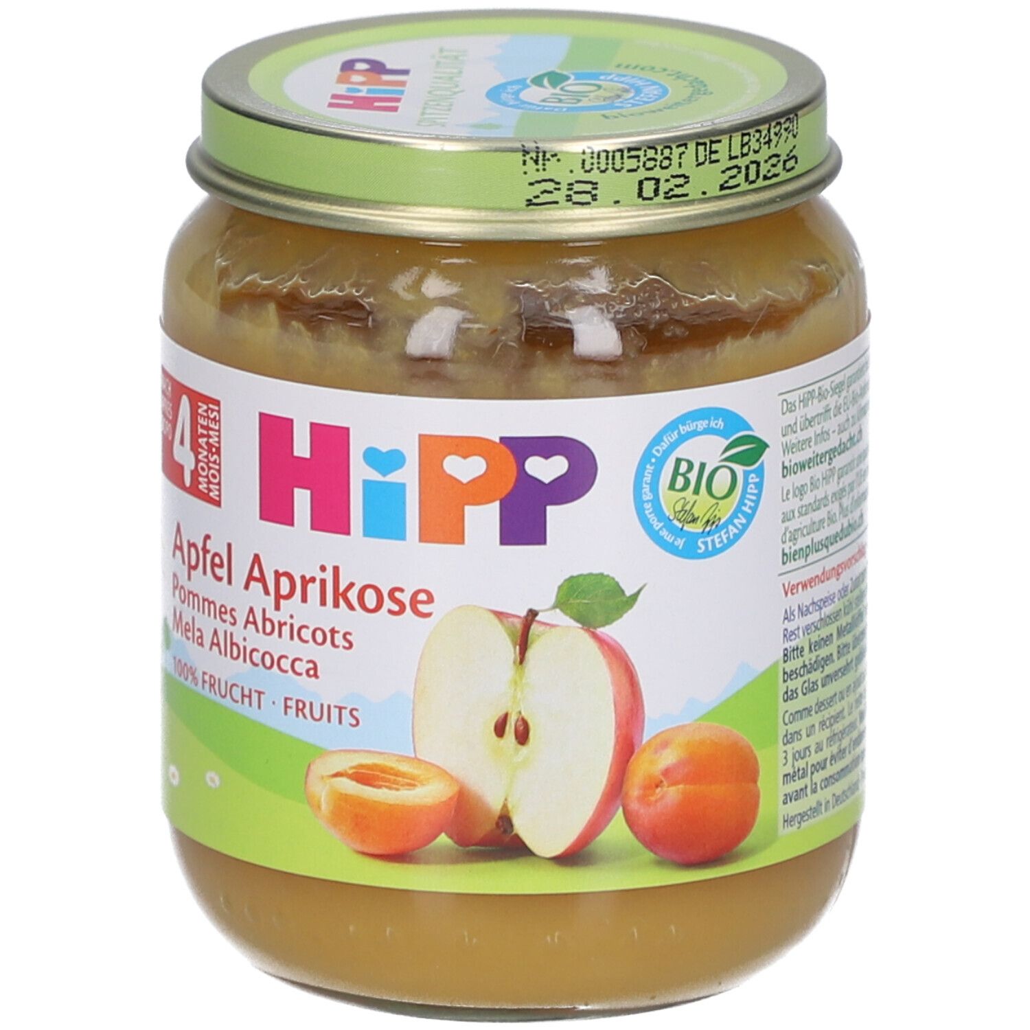Glas mit HiPP Bio-Apfel-Aprikosen-Püree. Etikett mit Produktnamen, Früchte-Illustrationen und Bio-Siegel. Deckel mit Haltbarkeitsdatum.