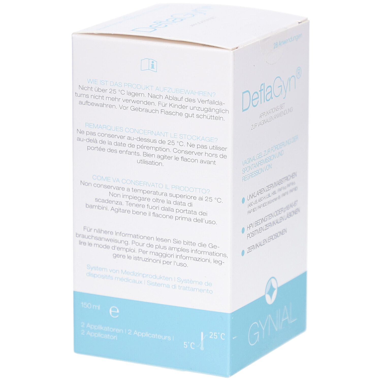 Rückseite der Faltschachtel. Enthält Informationen zur Lagerung und Anwendung. Marke: DeflaGyn. Volumen: 150 ml.
