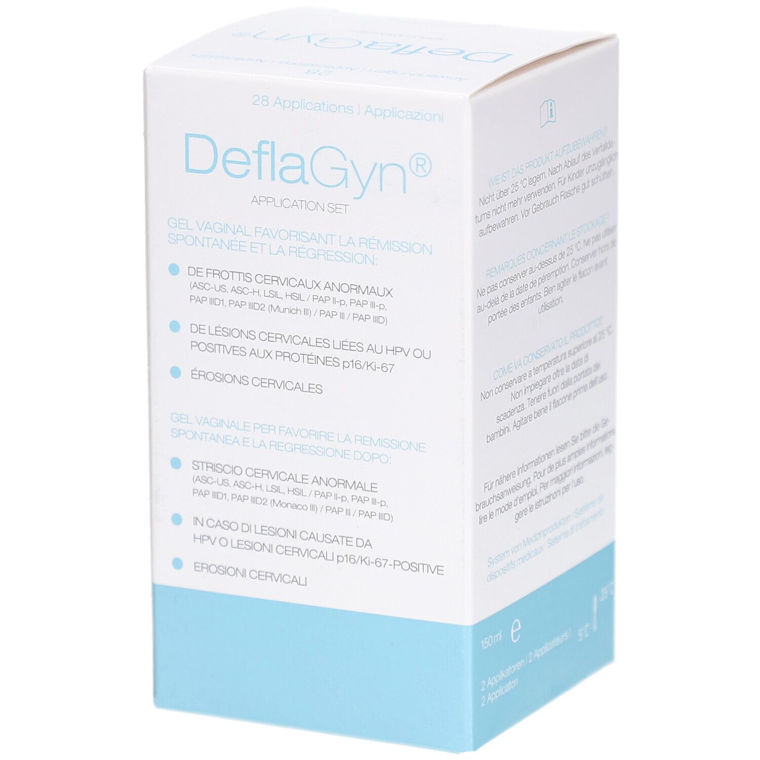 Faltschachtel mit Produktinformationen. Aufschrift: DeflaGyn Applikations-Set. Enthält Informationen zur Anwendung.