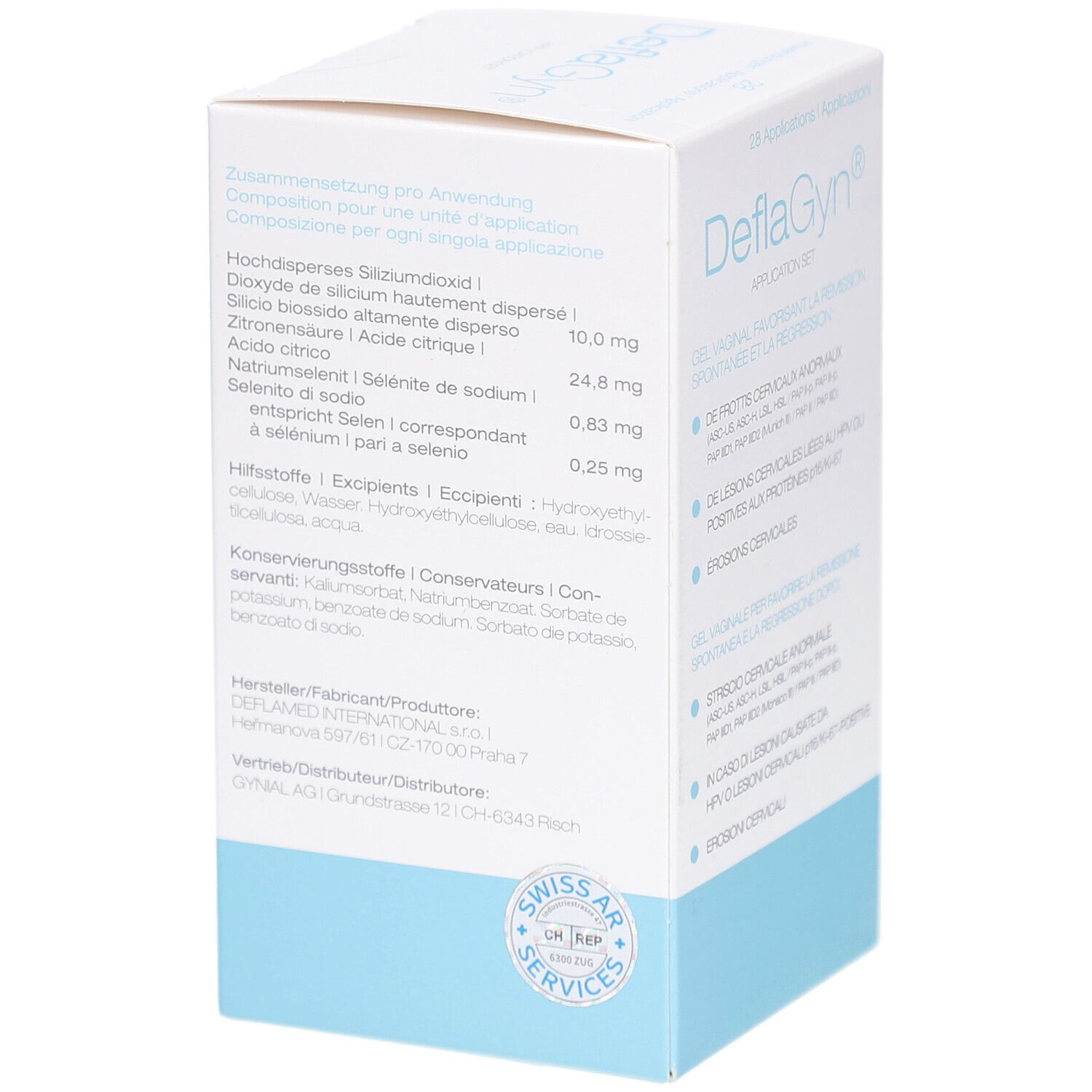 Seite der Faltschachtel mit Inhaltsstoffangaben. Marke: DeflaGyn. Enthält Informationen zu Inhaltsstoffen und Hersteller.