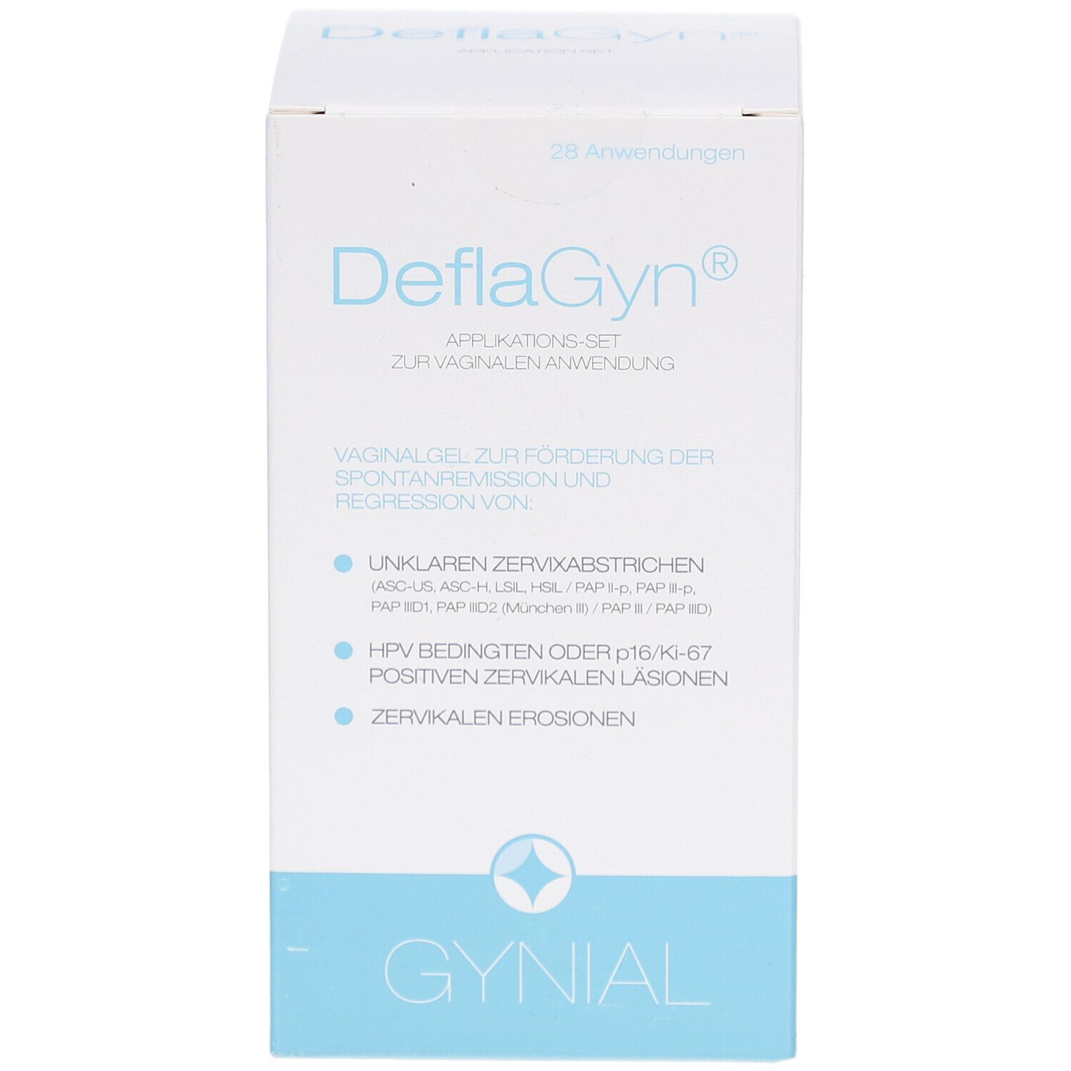 Faltschachtel. Aufschrift: DeflaGyn Applikations-Set. Enthält Informationen zur Anwendung. Marke: GYNIAL.