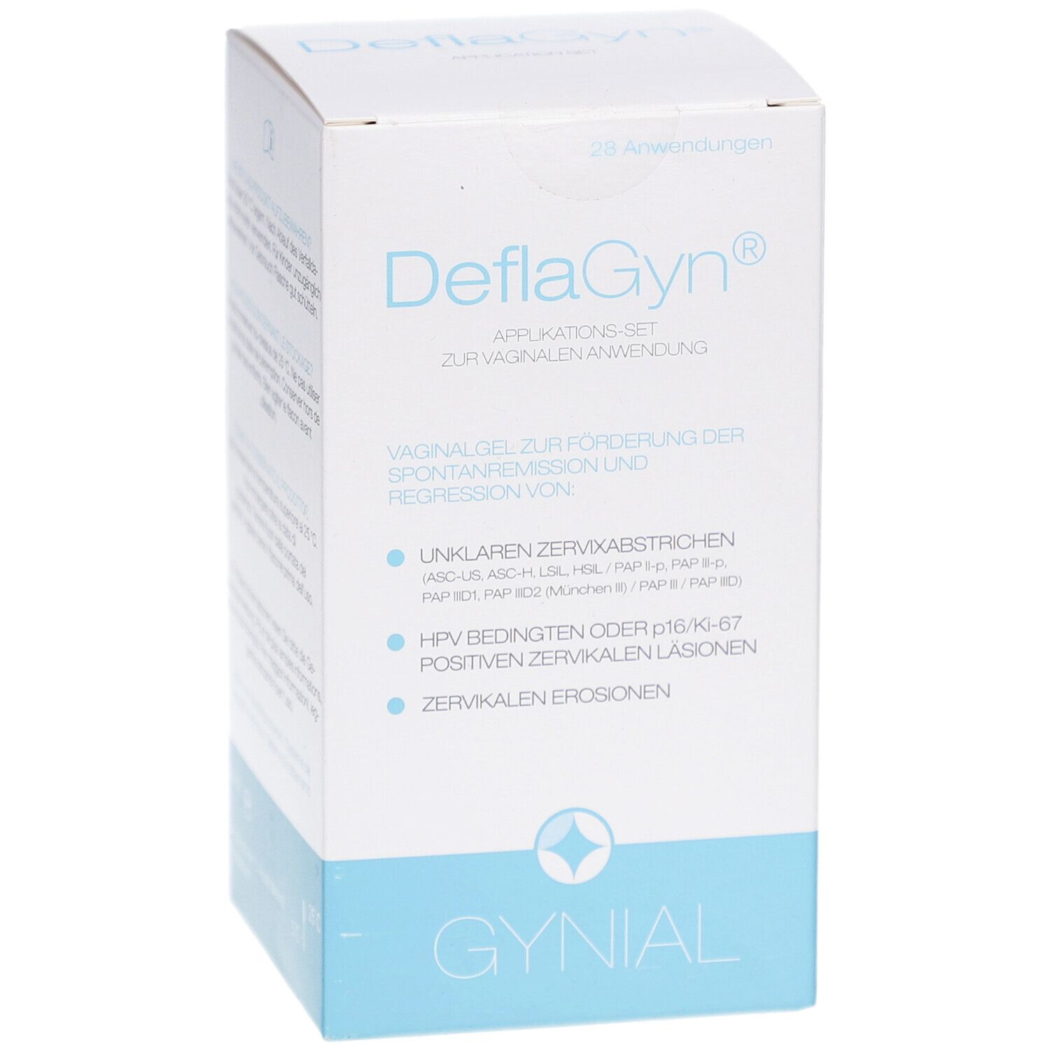 Faltschachtel. Aufschrift: DeflaGyn Applikations-Set. Enthält Informationen zur Anwendung. Marke: GYNIAL.