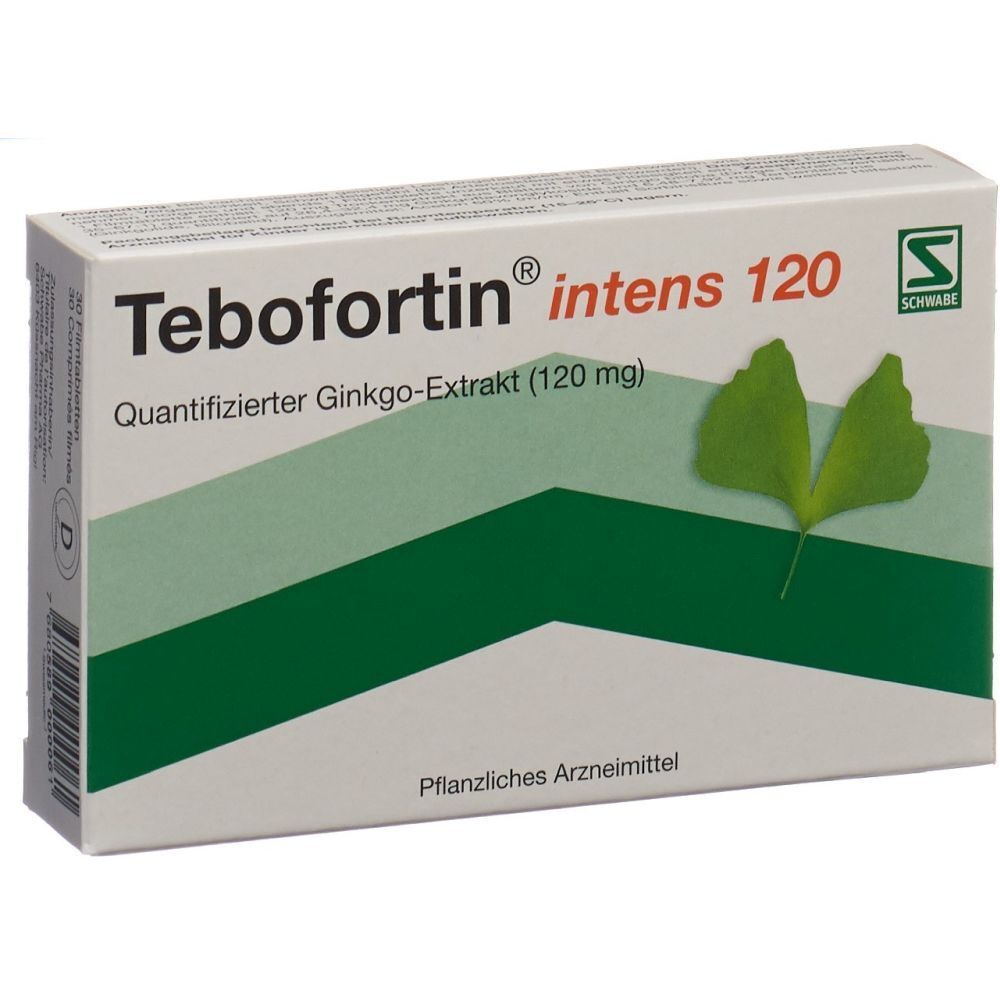 Weiß-grüne Schachtel mit Produktnamen und Ginkgo-Blatt. Text: Tebo fortin intens 120, Quantifizierter Ginkgo-Extrakt (120 mg), Pflanzliches Arzneimittel.