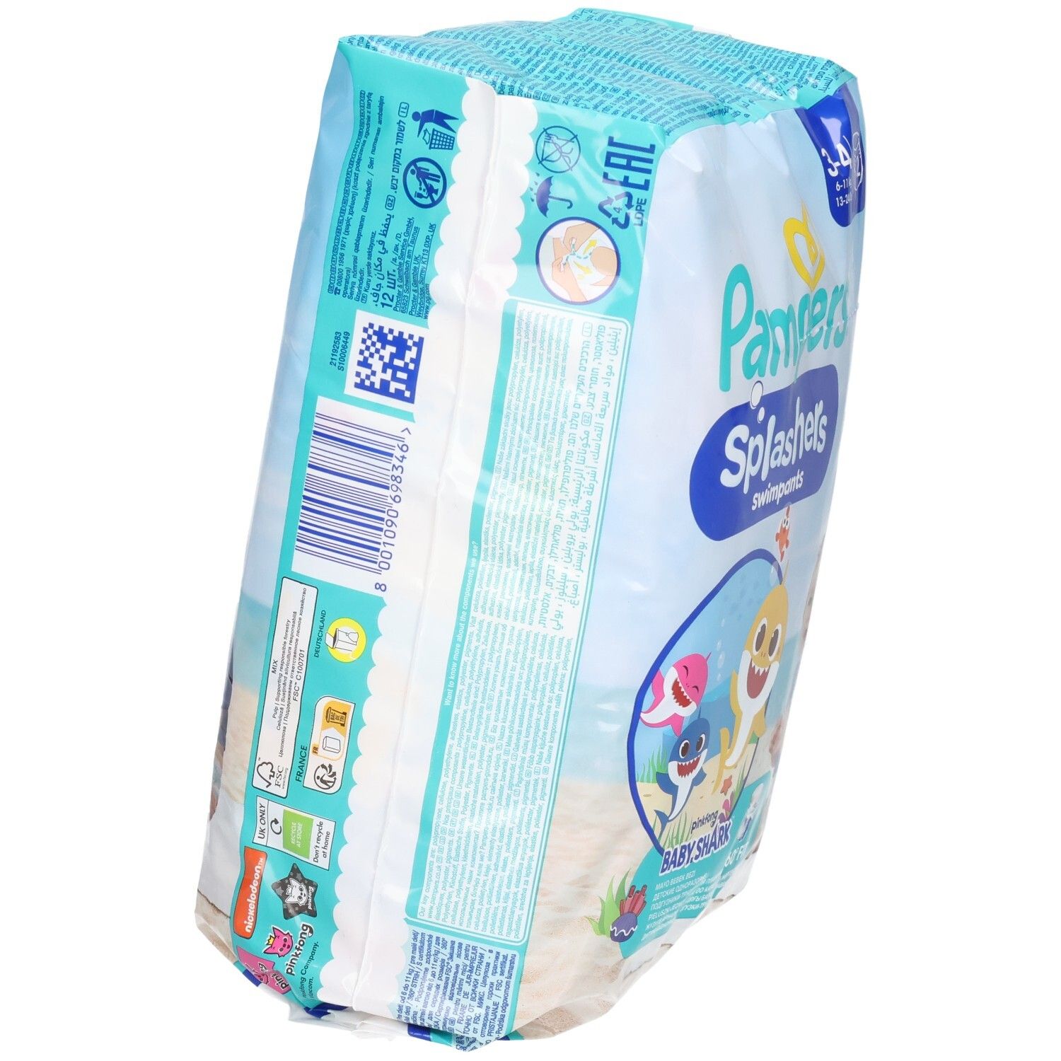 Pampers Splashers Schwimmwindeln, Größe 3-4, Baby Shark Limited Edition. Verpackung. Seitenansicht mit Produktinformationen und QR-Code.