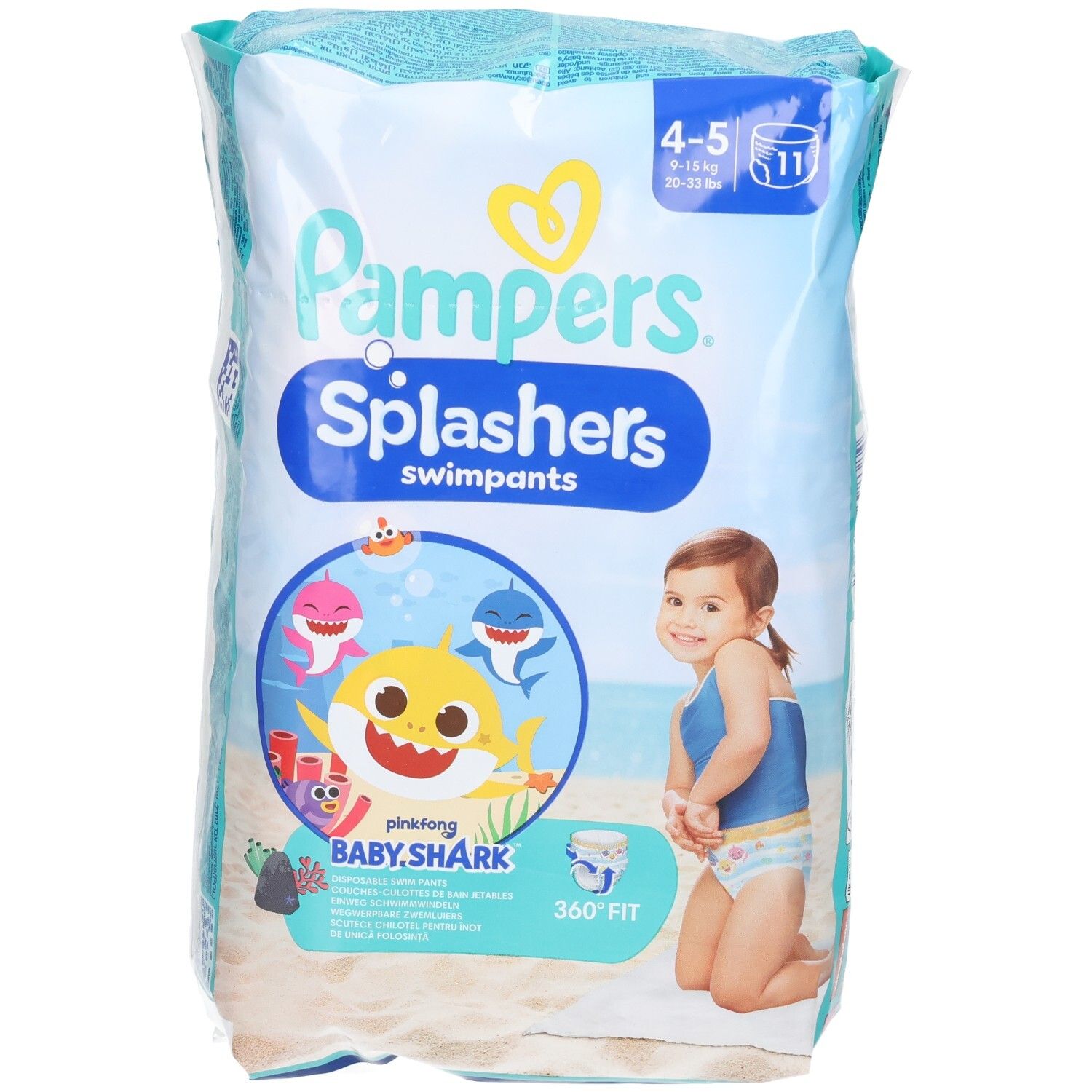 Pampers Splashers Schwimmwindeln, Packung mit 11 Stück. Größe 4-5 (9-15 kg). Baby Shark Design. Verpackung mit Produktabbildung.
