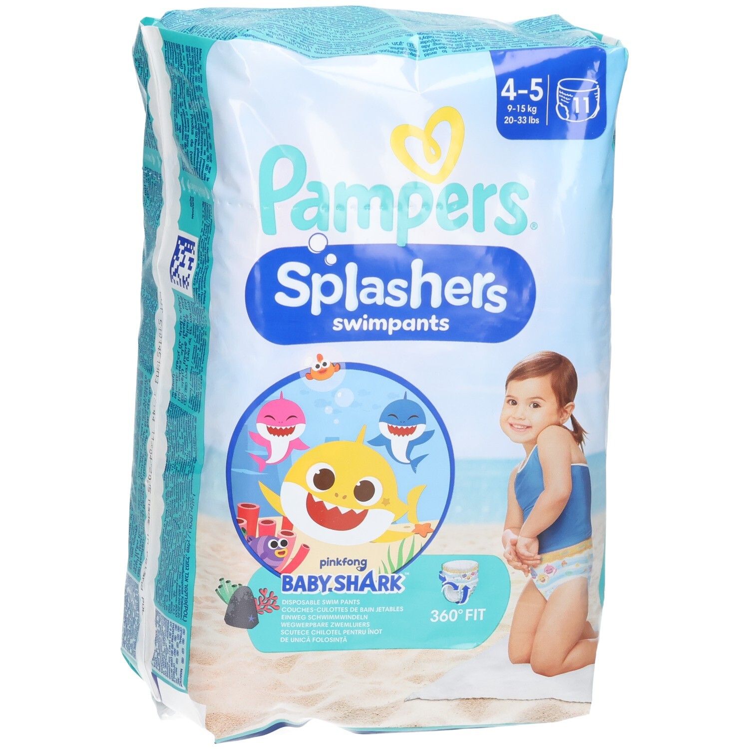 Pampers Splashers Schwimmwindeln, Packung mit 11 Stück. Größe 4-5 (9-15 kg). Baby Shark Design. Verpackung mit Produktabbildung.