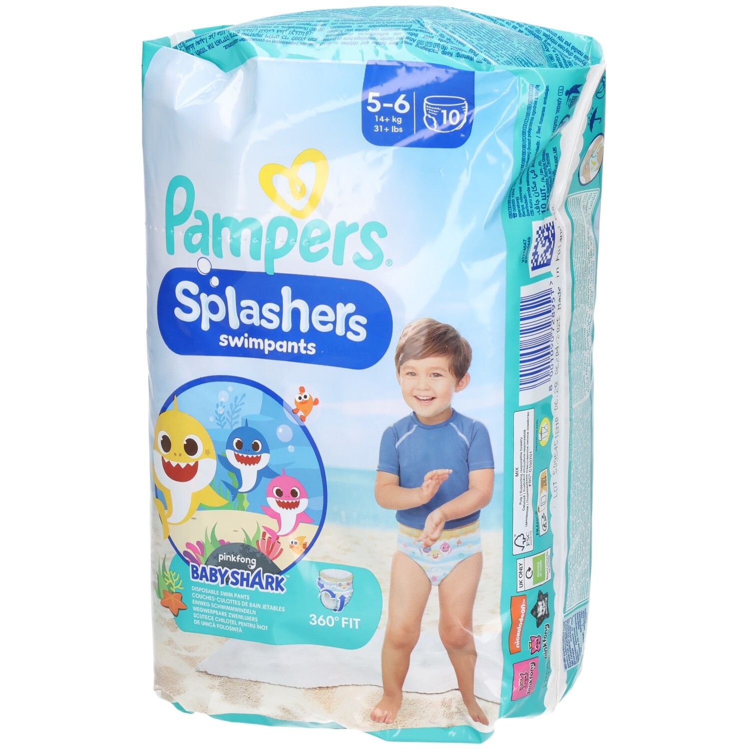 Verpackung von Schwimmwindeln. Marke Pampers Splashers. Größe 5-6, 10 Stück. Baby Shark-Design. Kind am Strand.