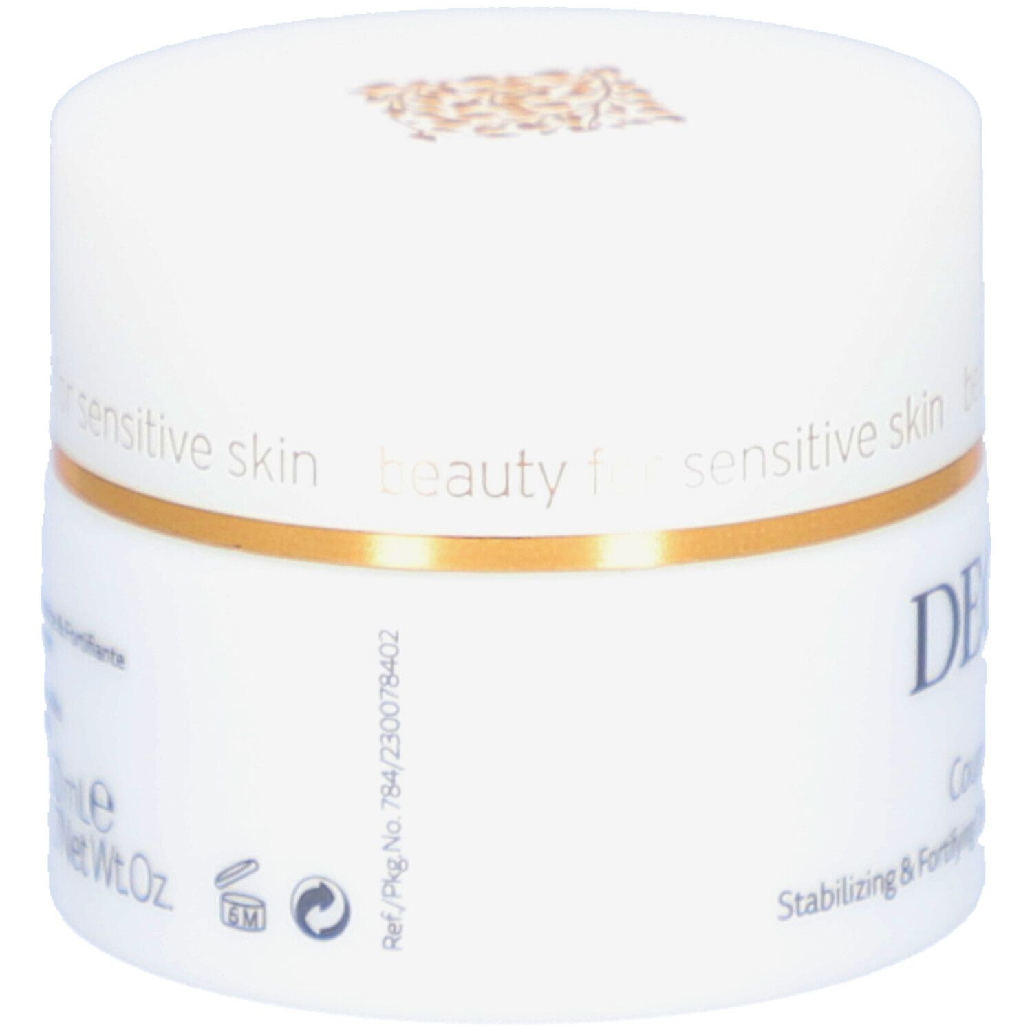 Pot blanc avec anneau doré. Inscription : DECLARÉ SWITZERLAND Couperose Solution. Crème stabilisatrice & fortifiante.