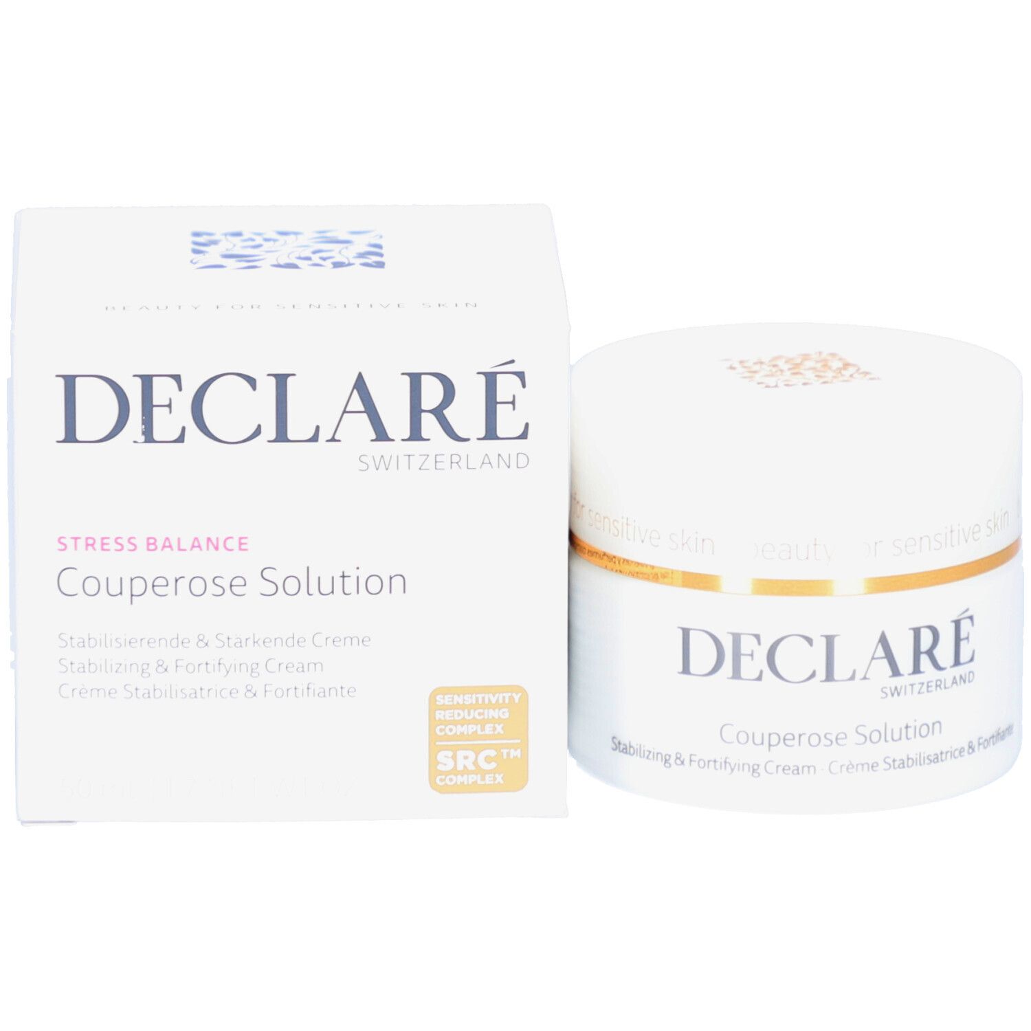 Emballage et pot. Inscription : DECLARÉ SWITZERLAND Couperose Solution. Avec certification SRC™ COMPLEX.
