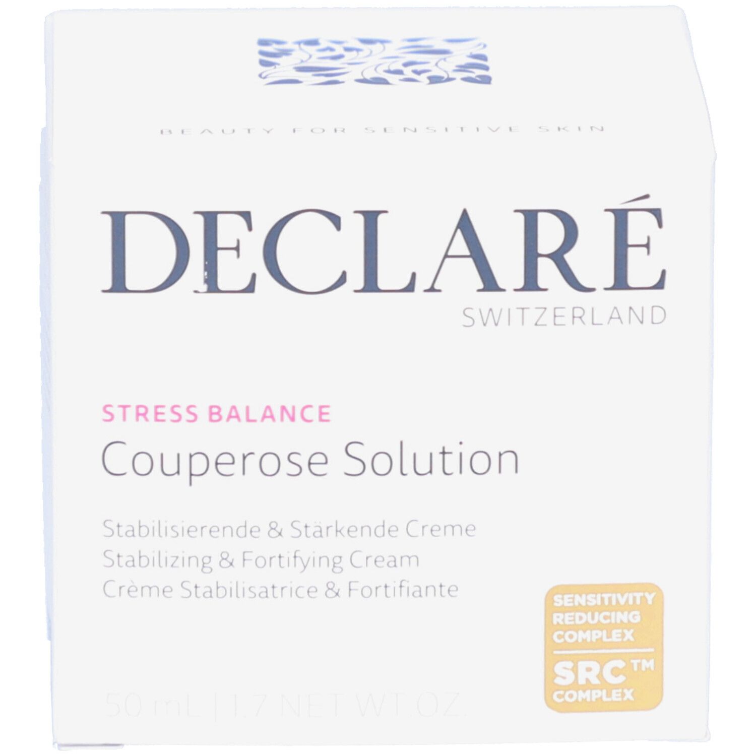Emballage du produit. Inscription : DECLARÉ SWITZERLAND Couperose Solution. Avec certification SRC™ COMPLEX.