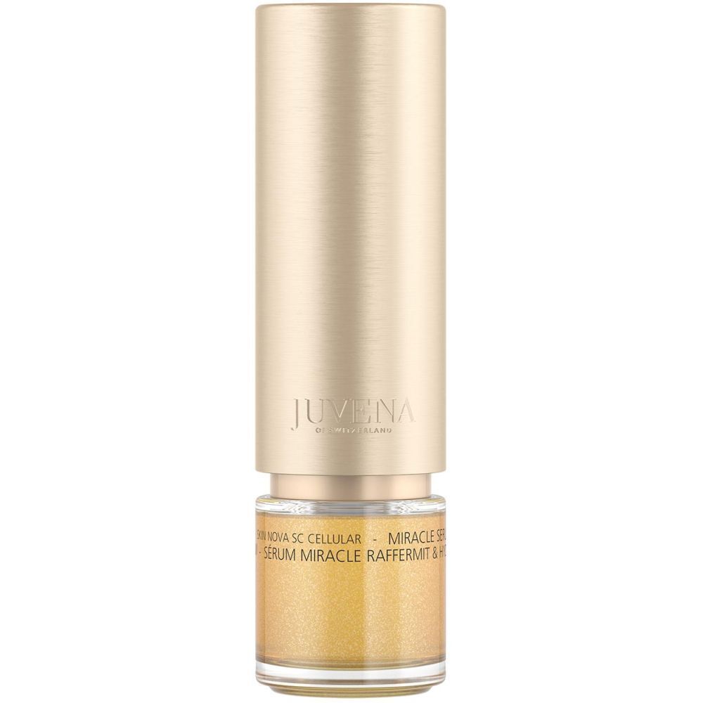 Goldfarbenes Serum in einer Flasche mit goldenem Deckel. Marke: Juvena.