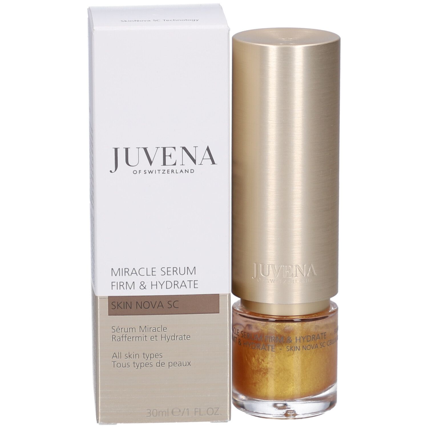 Emballage du produit avec flacon de sérum et boîte. Inscription : Juvena, Miracle Serum Firm & Hydrate.