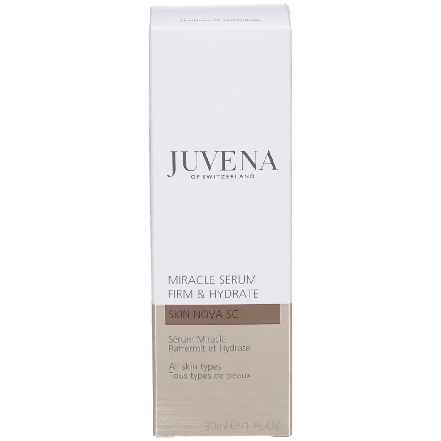 Emballage du produit avec boîte. Inscription : Juvena, Miracle Serum Firm & Hydrate, Skin Nova SC.