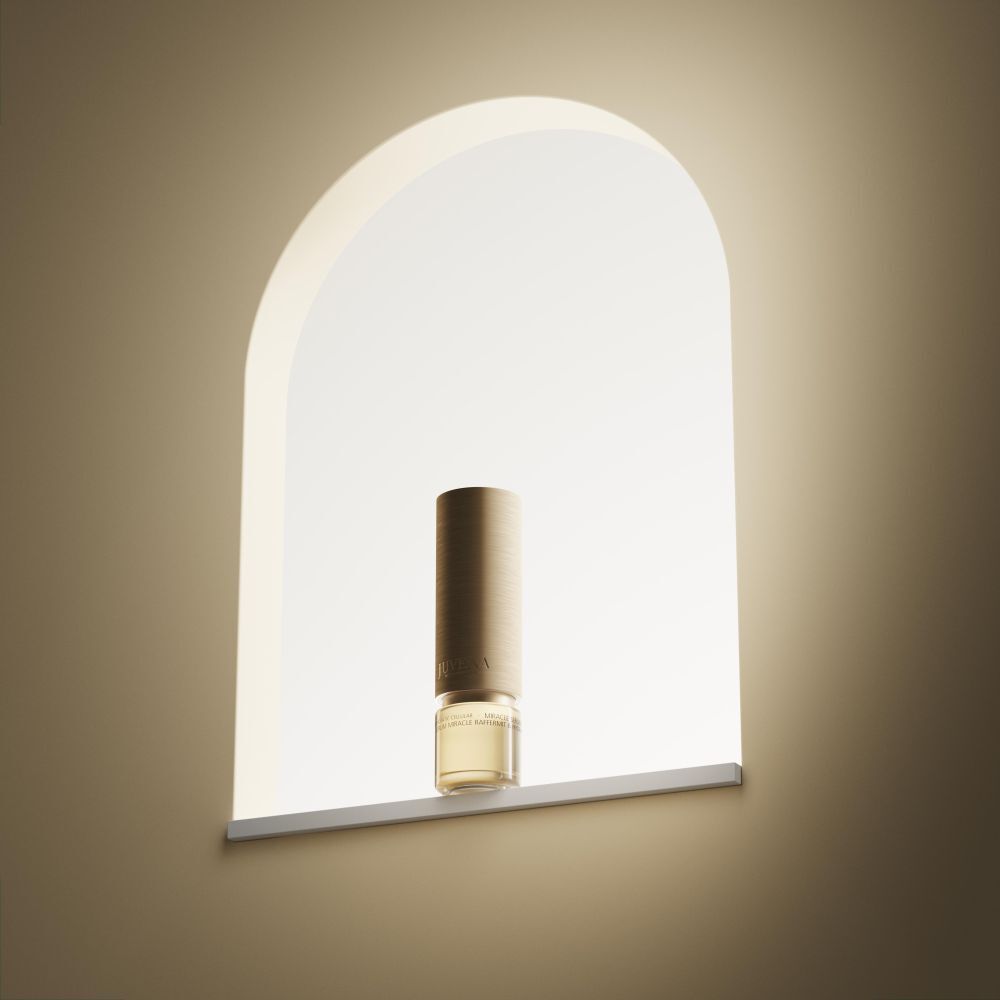 Serumflasche in einer Nische. Goldener Deckel, goldfarbenes Serum.