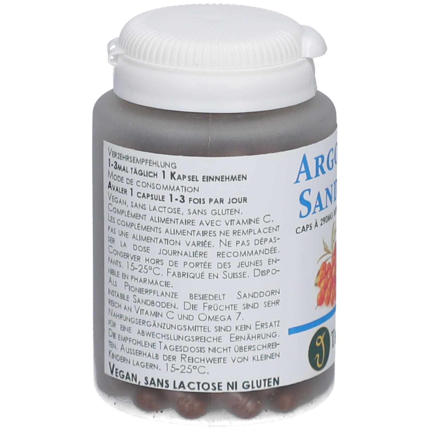 Dose mit braunen Kapseln. Aufschrift: Argousier Sanddorn, Omega 7, Vitamin C. Vegan, laktosefrei, glutenfrei.