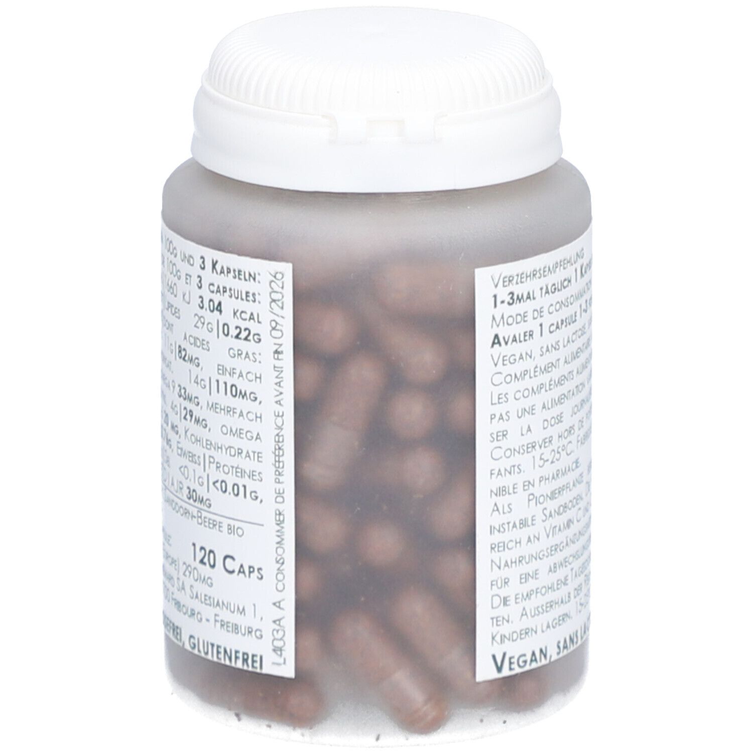 Dose mit braunen Kapseln. Aufschrift: 120 Caps. Vegan, laktosefrei, glutenfrei. Nährwertangaben.