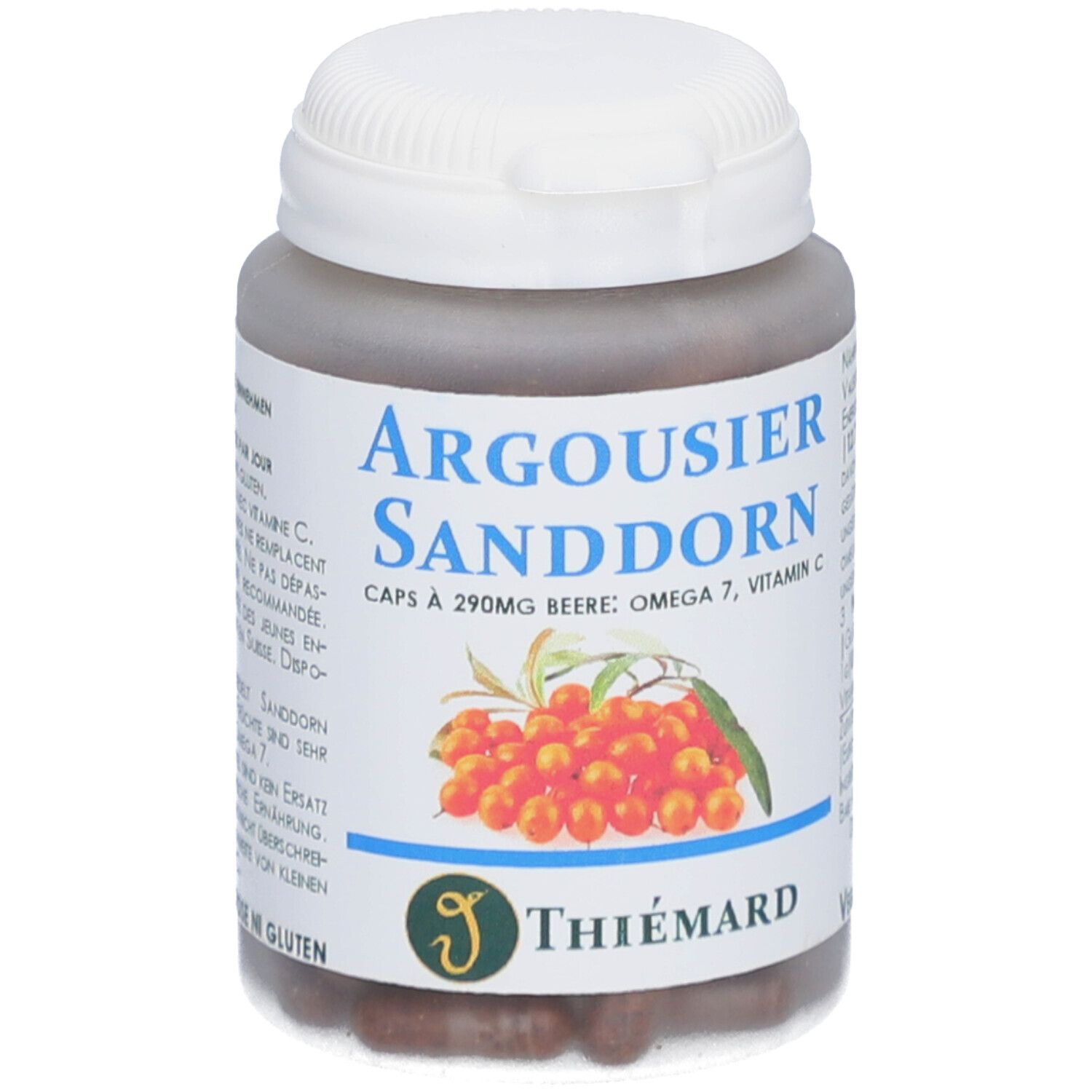Dose mit braunen Kapseln. Aufschrift: Argousier Sanddorn, Omega 7, Vitamin C. Marke: THIÉMARD.