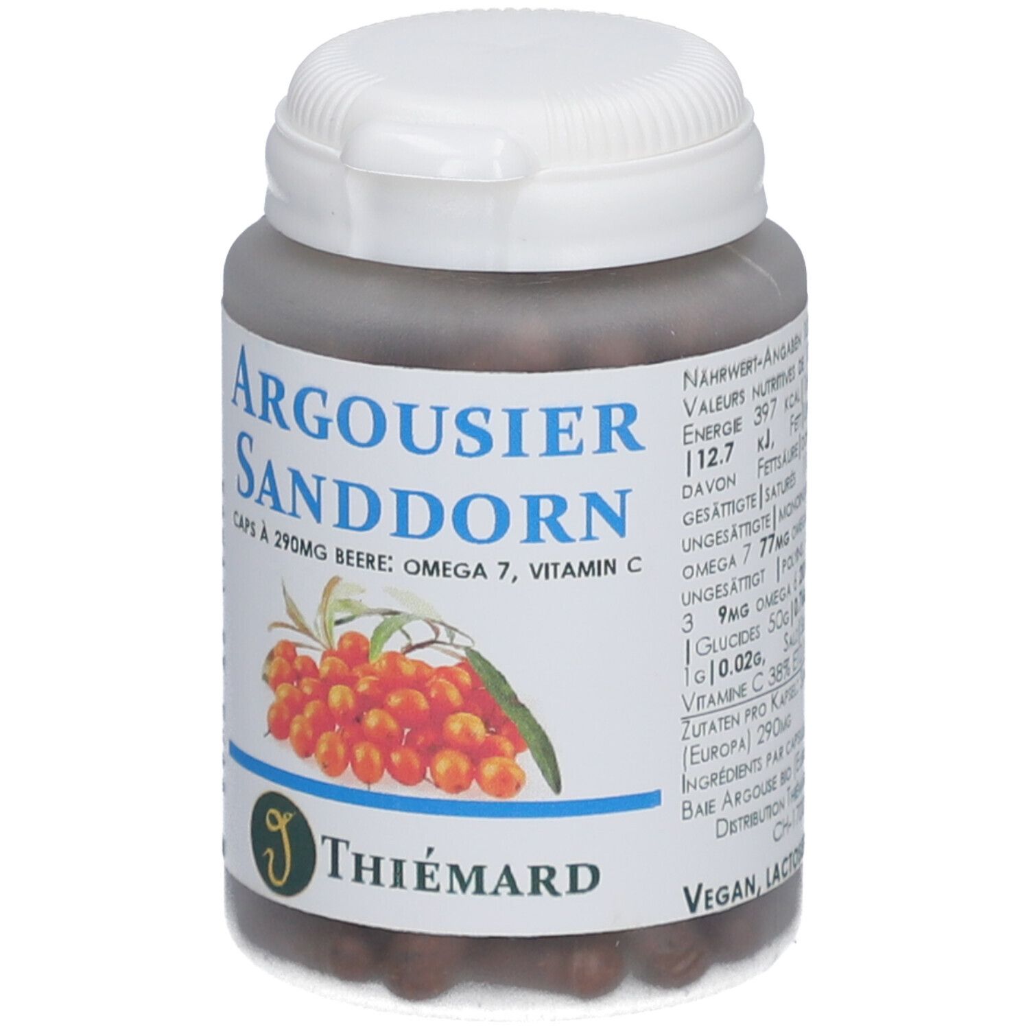 Dose mit braunen Kapseln. Aufschrift: Argousier Sanddorn, Omega 7, Vitamin C. Marke: THIÉMARD. Nährwertangaben.