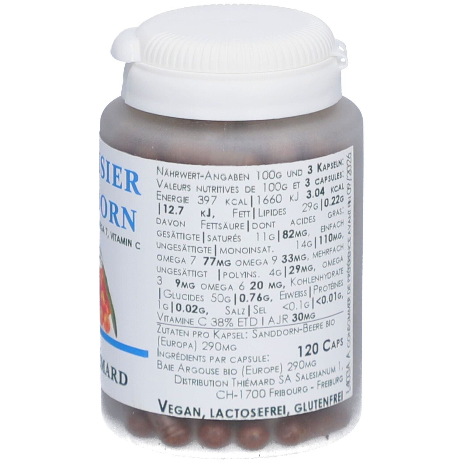 Dose mit braunen Kapseln. Aufschrift: Argousier Sanddorn, Omega 7, Vitamin C. Marke: THIÉMARD. Nährwertangaben.