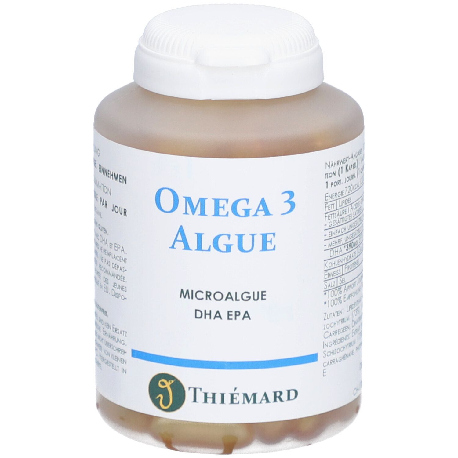 Braune Kapseln in einer weißen Flasche mit blauem Etikett. Aufschrift: Omega 3 Algue, Microalgue DHA EPA. Marke: THIÉMARD.