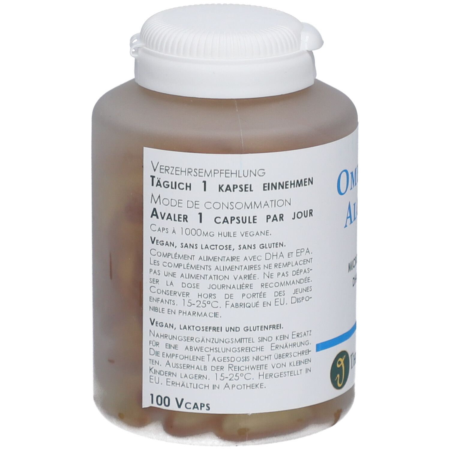 Weiße Flasche mit braunen Kapseln. Aufschrift: Taguch 1 Kapsel einnehmen. Vegan, ohne Laktose, ohne Gluten. 100 Vcaps. Marke: THIÉMARD.