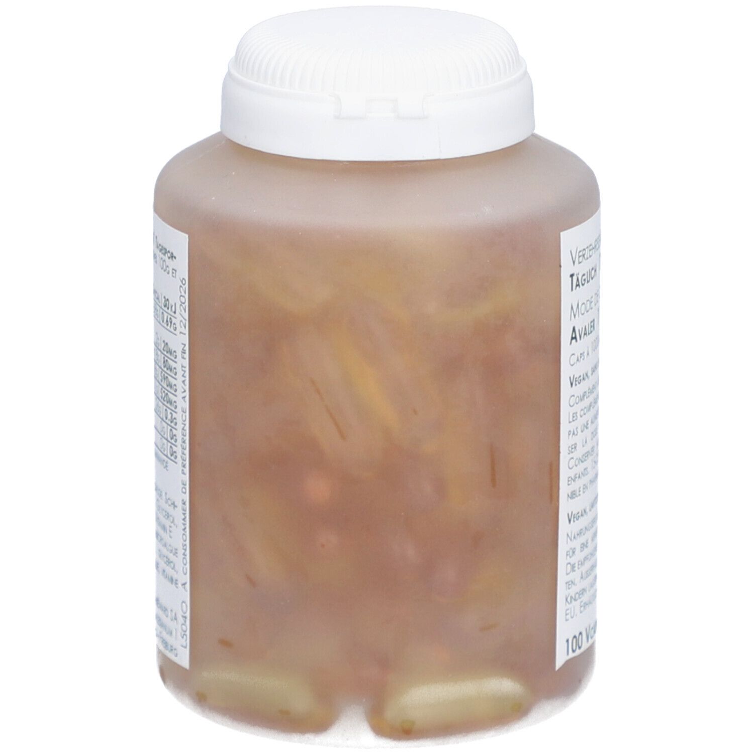 Durchsichtige Flasche mit braunen Kapseln. Sichtbar sind Kapseln. Aufschrift: 100 Vcaps. Marke: THIÉMARD.