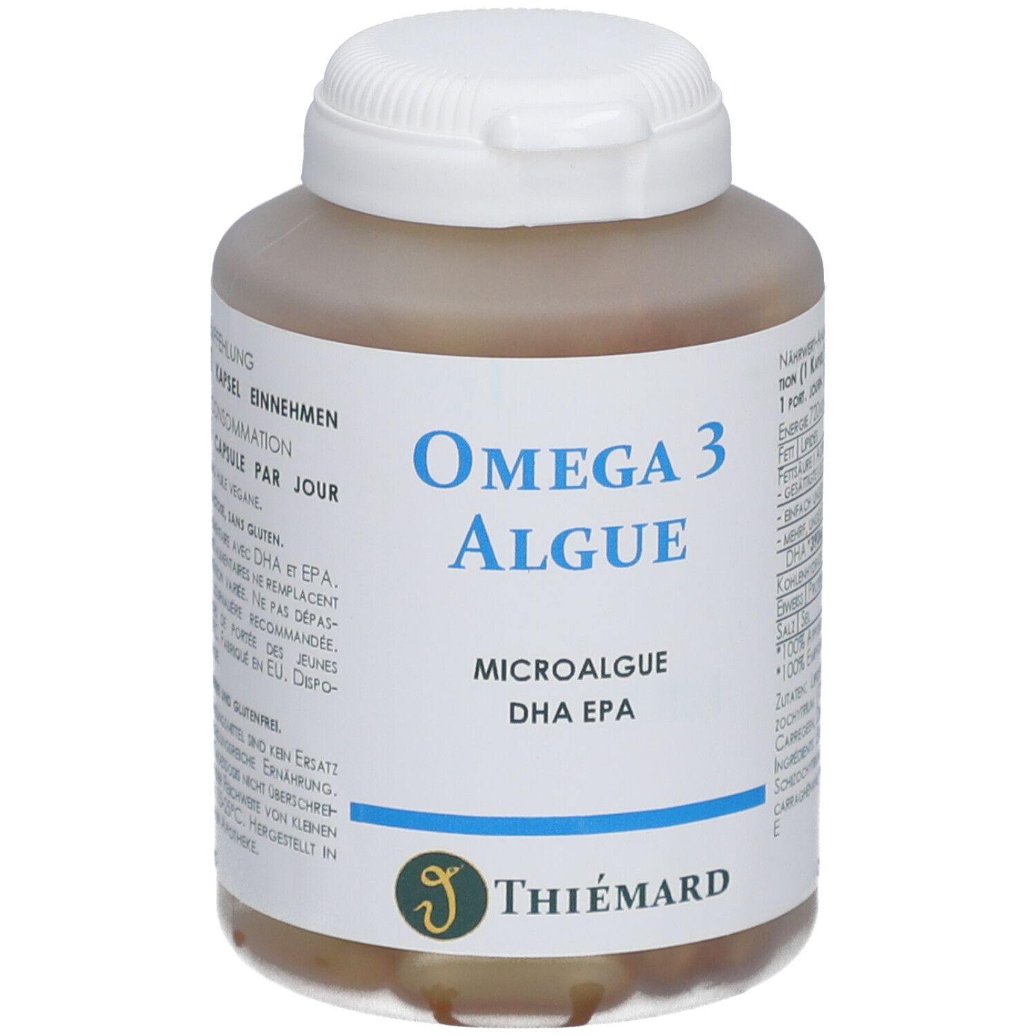 Braune Kapseln in einer weißen Flasche mit blauem Etikett. Aufschrift: Omega 3 Algue, Microalgue DHA EPA. Marke: THIÉMARD.