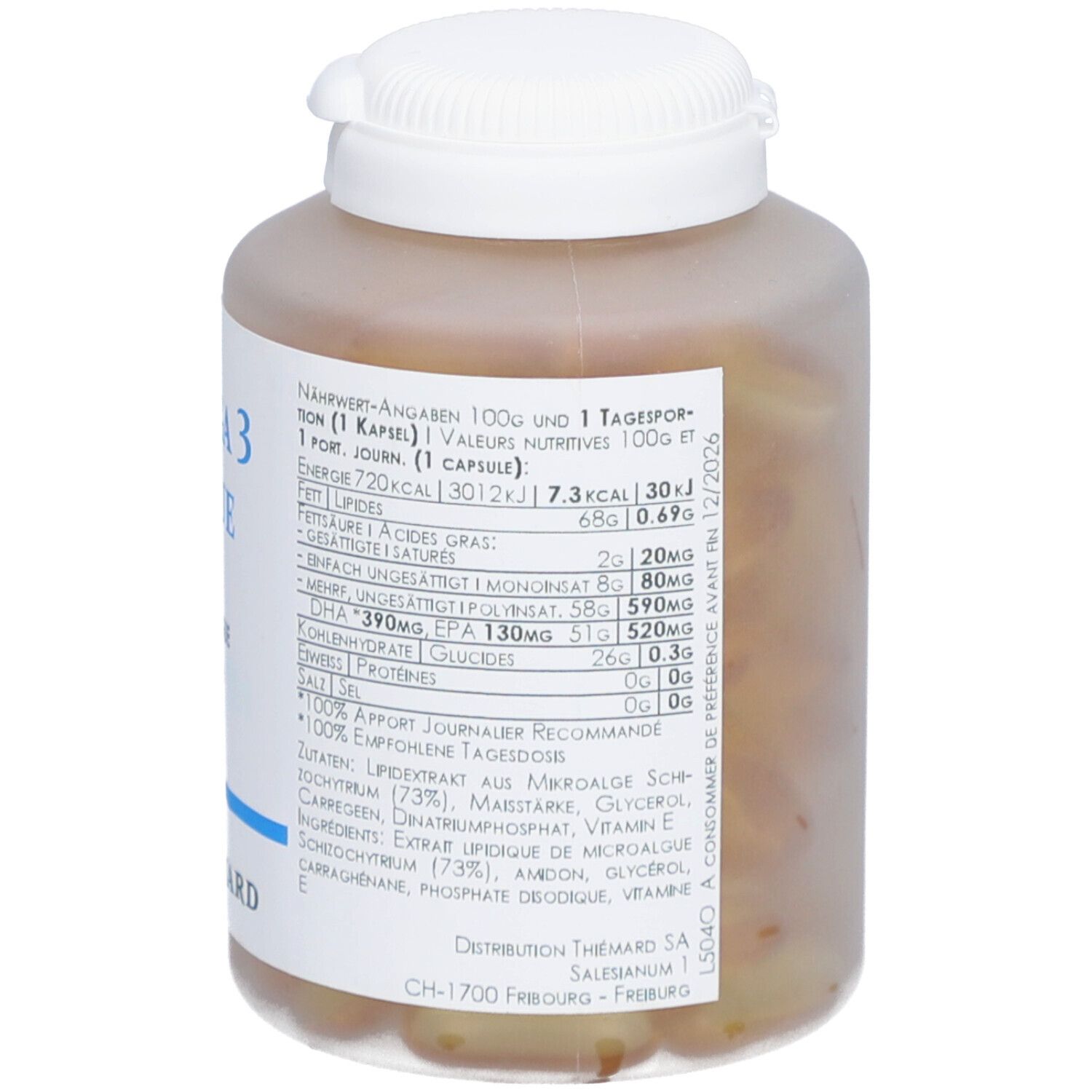 Weiße Flasche mit braunen Kapseln. Aufschrift: Nährwertangaben. Zutaten: Lipide, DHA, EPA. Marke: THIÉMARD.